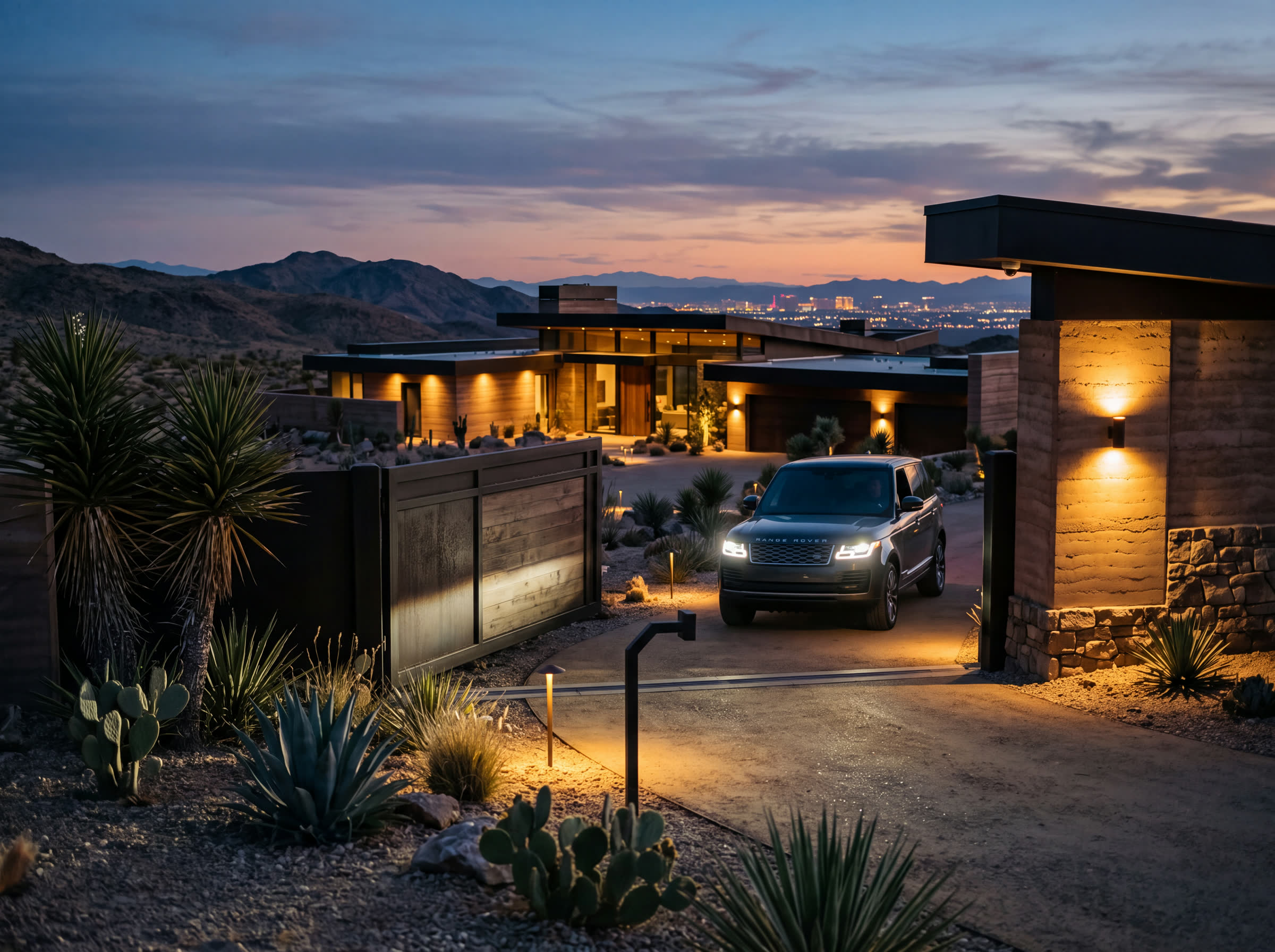 A Range Rover pausing at the opening gate at dusk, wall lights up, the house waiting beyond