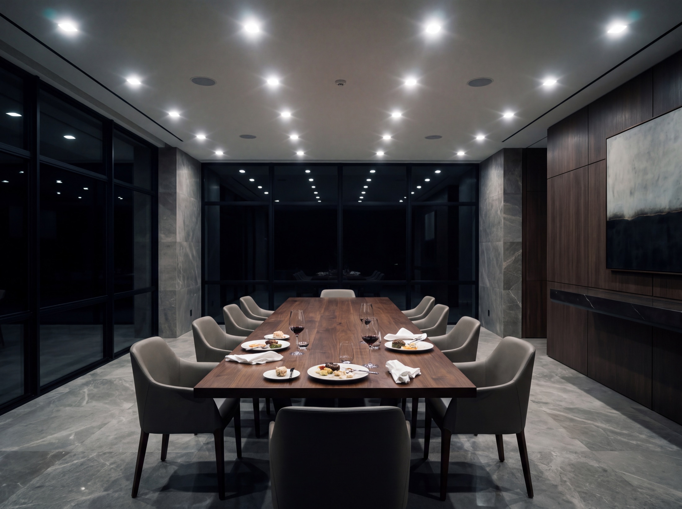 A beautiful dining room lit wrong at night: every recessed can at full blast, flat glare, the window glass gone black