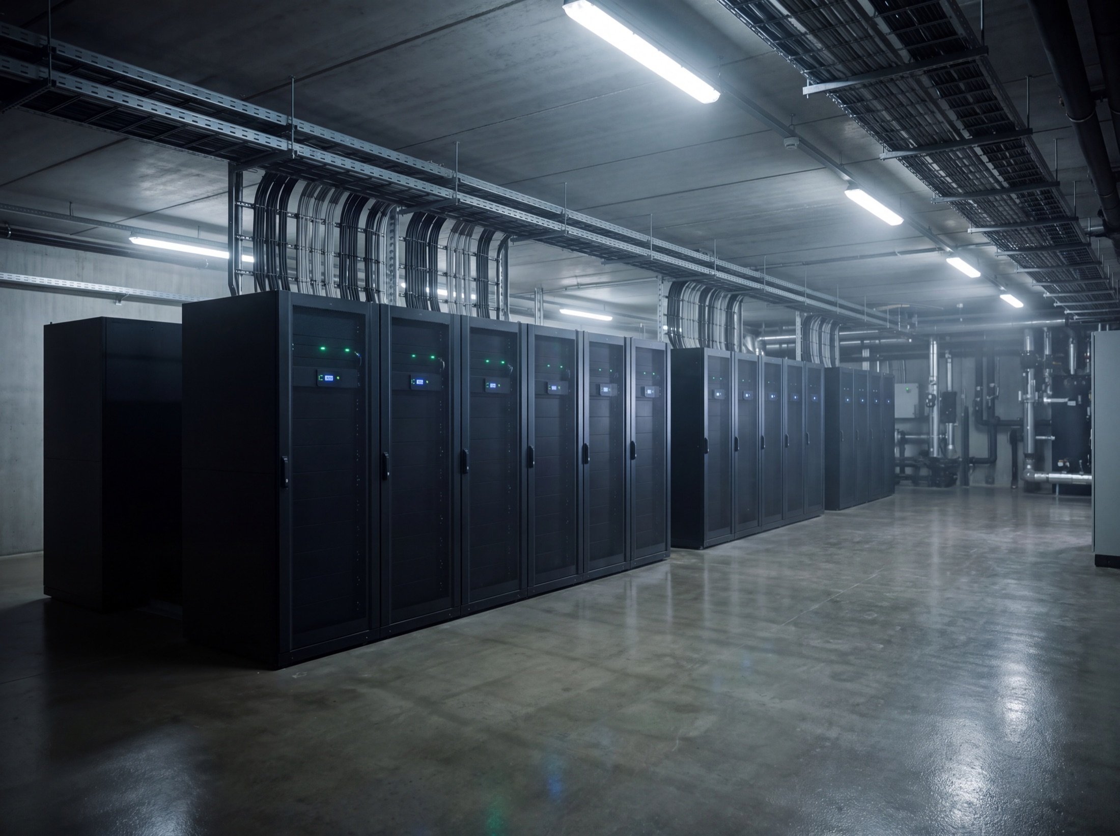 A clean plant room with a lineup of battery storage cabinets, status LEDs as calm points of light