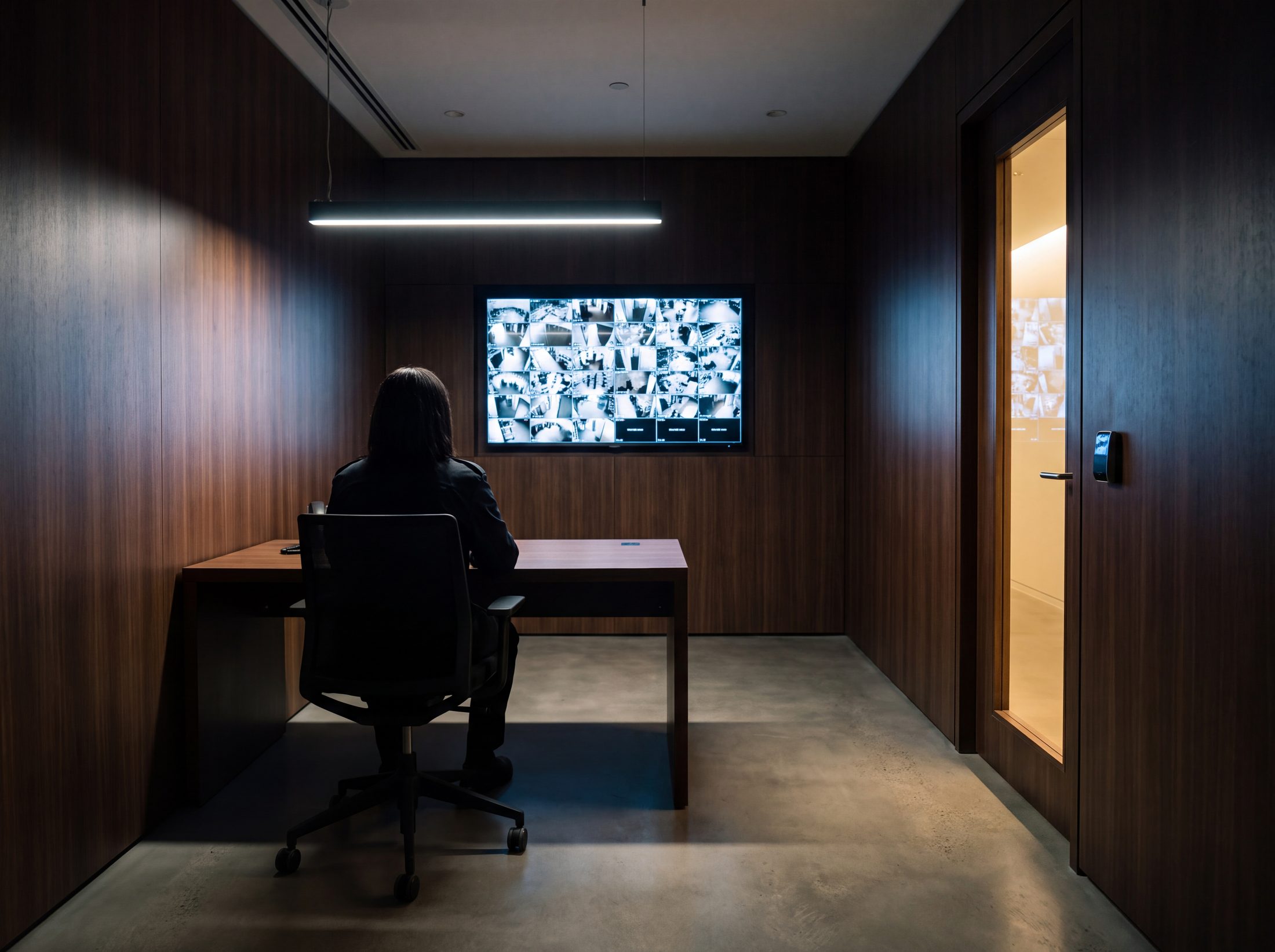 A back of house security station behind a credential locked door, one operator at a single monitor, out of public reach