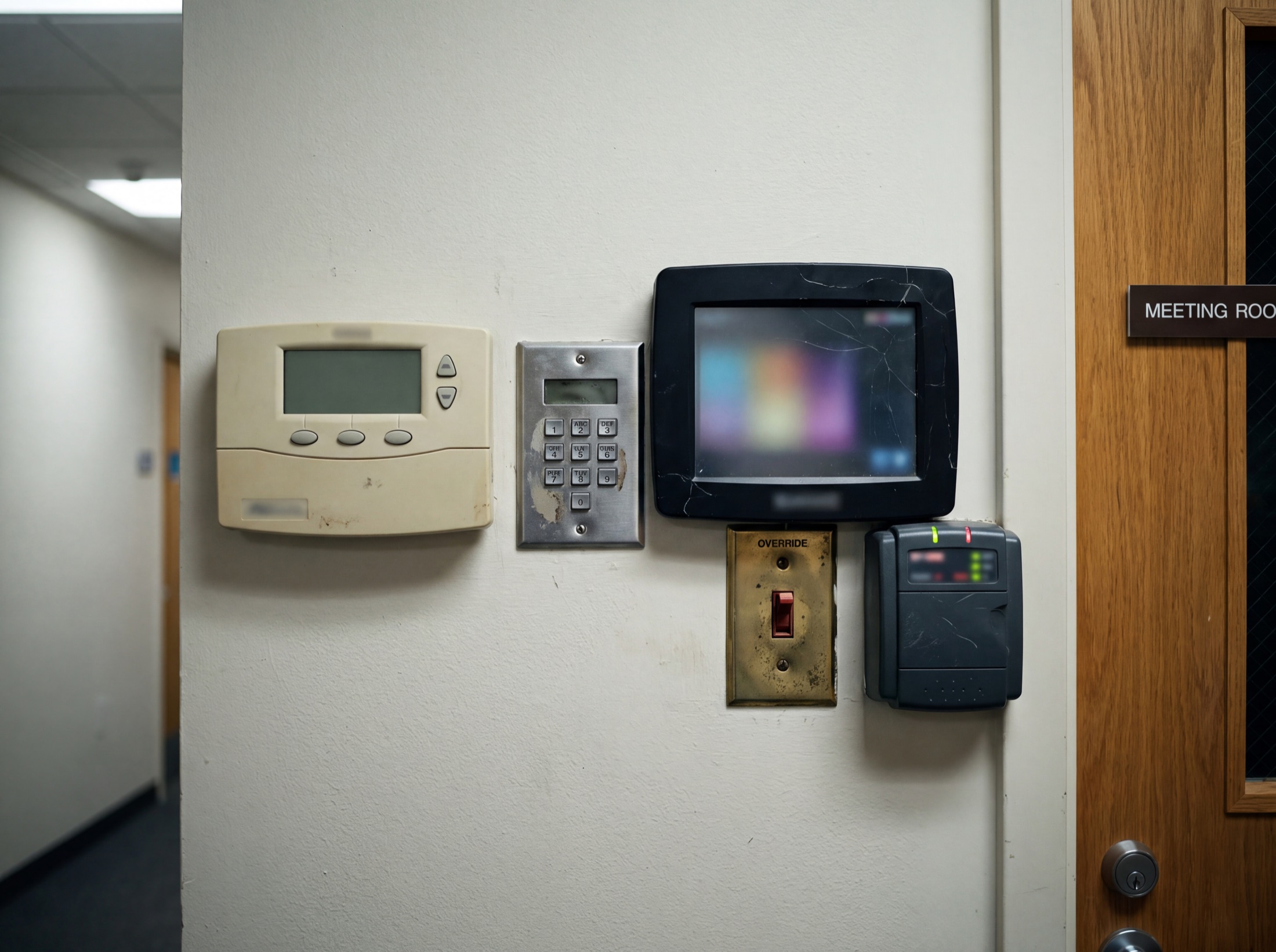 Five mismatched control panels clustered on one wall beside a meeting room door, each a different size, finish and height
