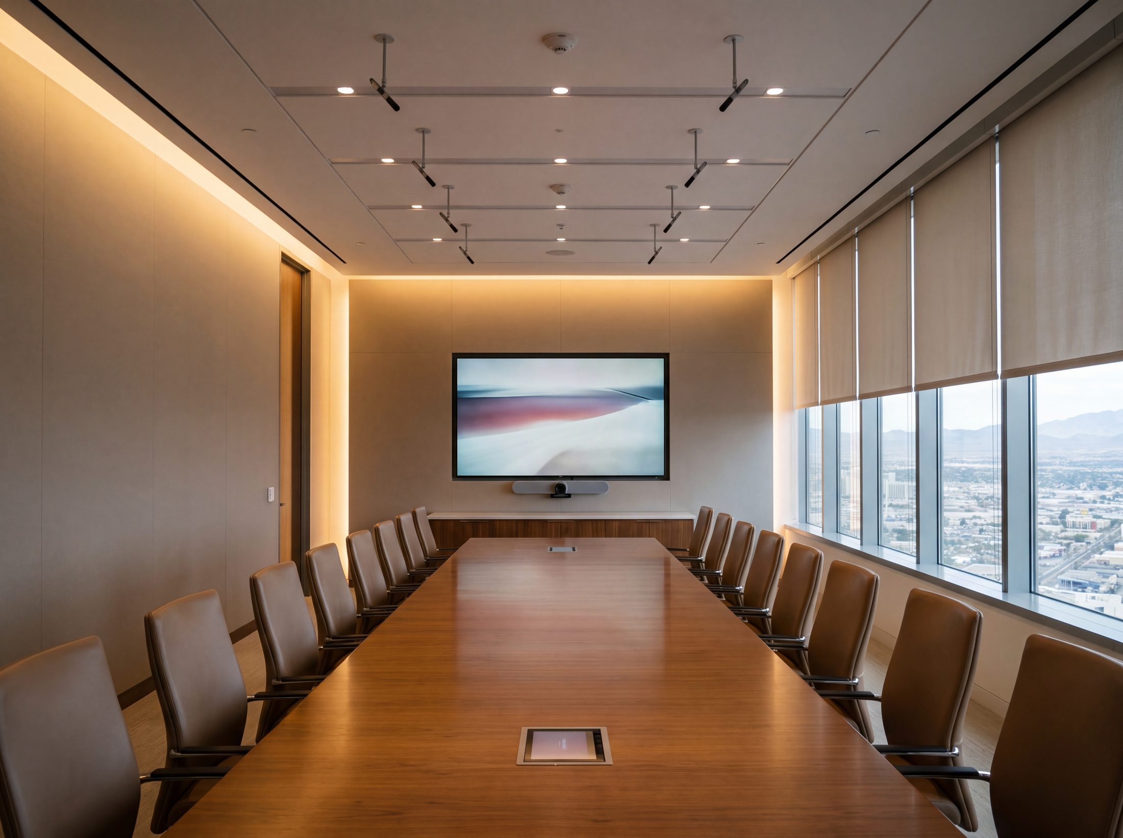 Visualization of the room on a Monday morning, chairs aligned, shades at one height