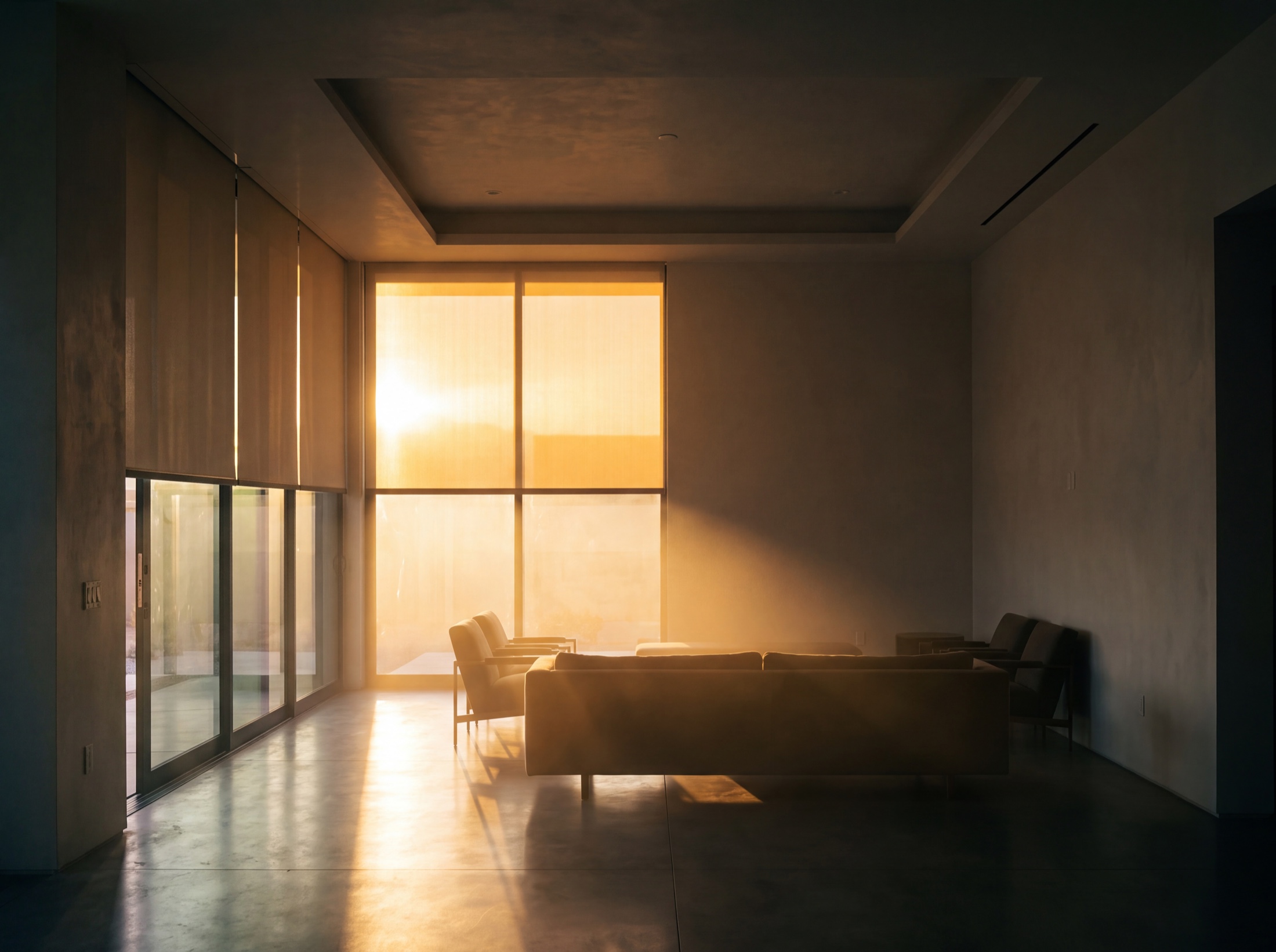 Motorized roller shades mid-travel across a west glass wall, low desert sun turning the fabric into a glowing plane