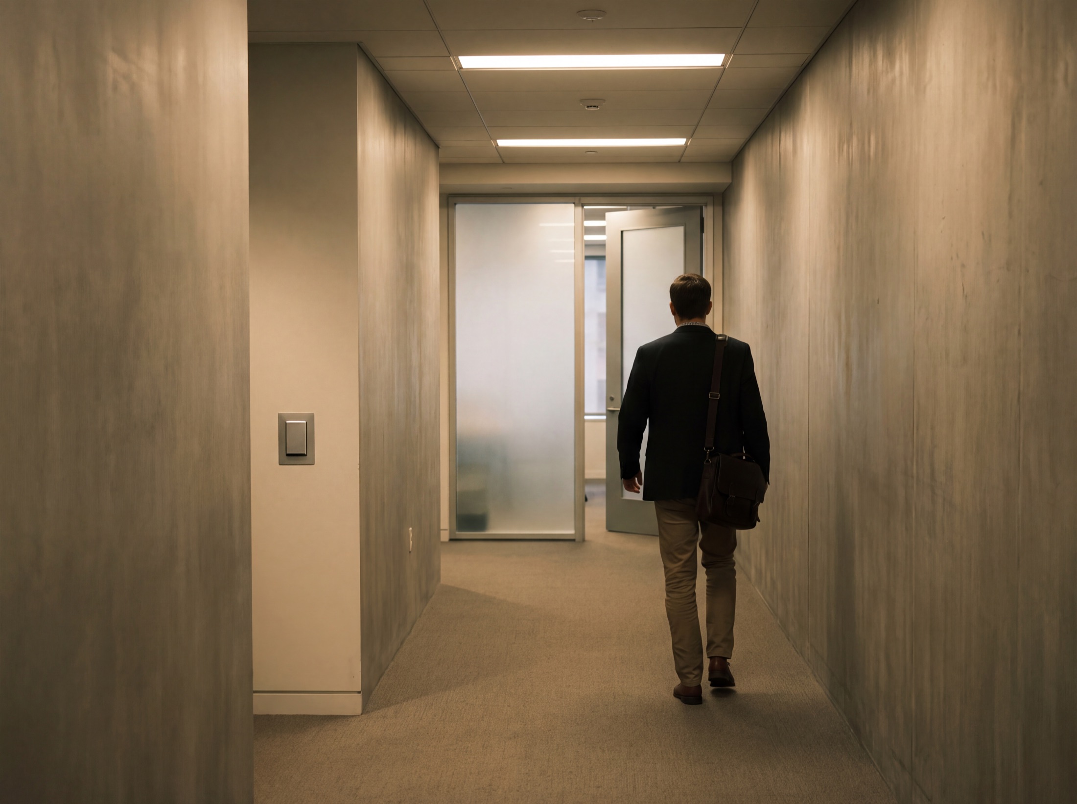 An employee mid-stride at a flush wall reader, the door ahead already releasing, nobody waiting