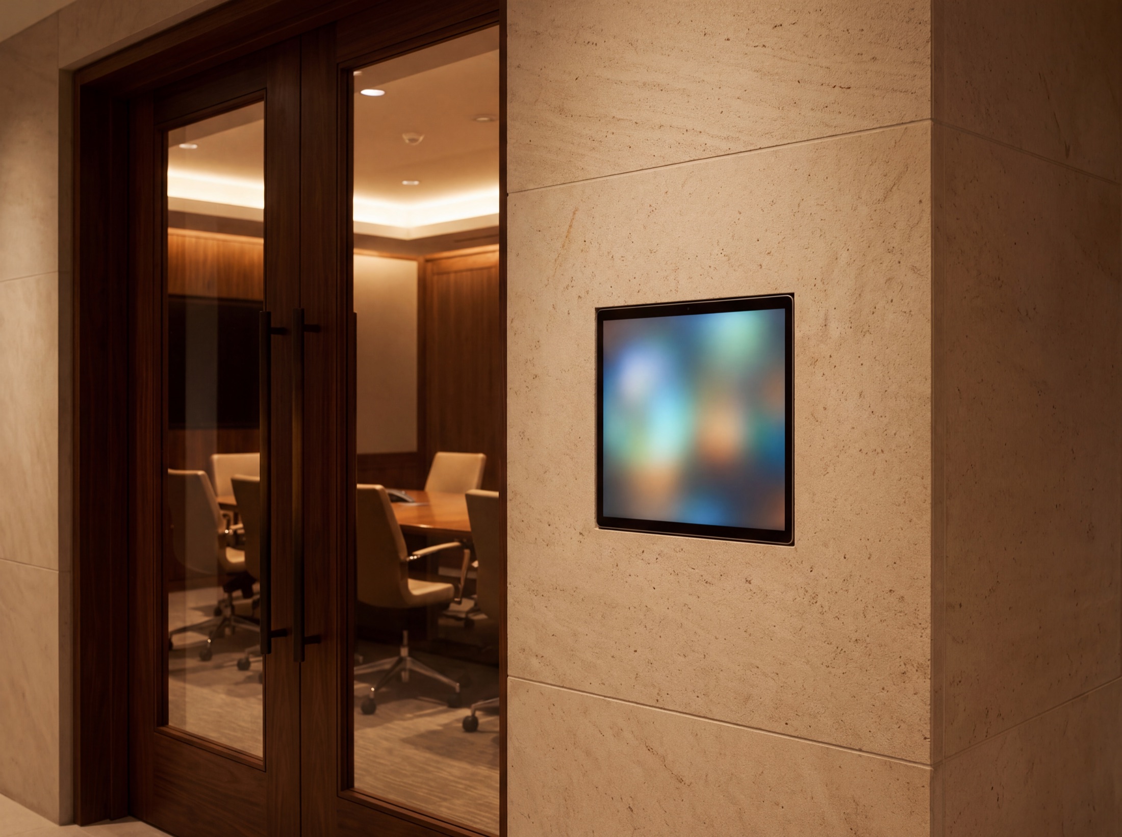 A flush touch panel set into the stone return beside a boardroom door, the room lit and ready through the glass