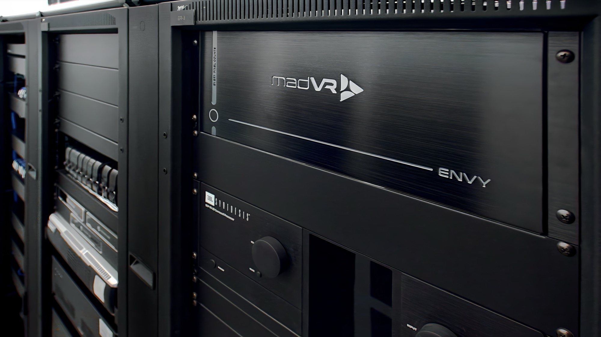 Equipment detail inside a CORVX-built rack, dressed and labeled