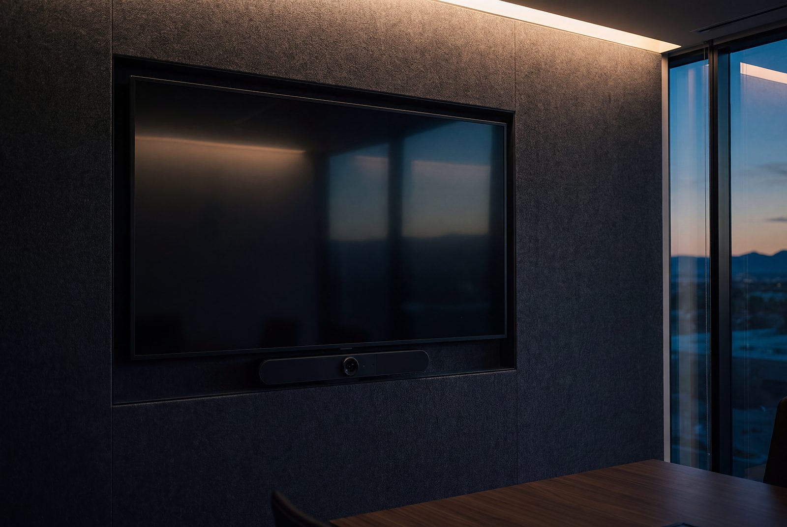 A camera bar beneath a display on acoustic felt, warm cove above