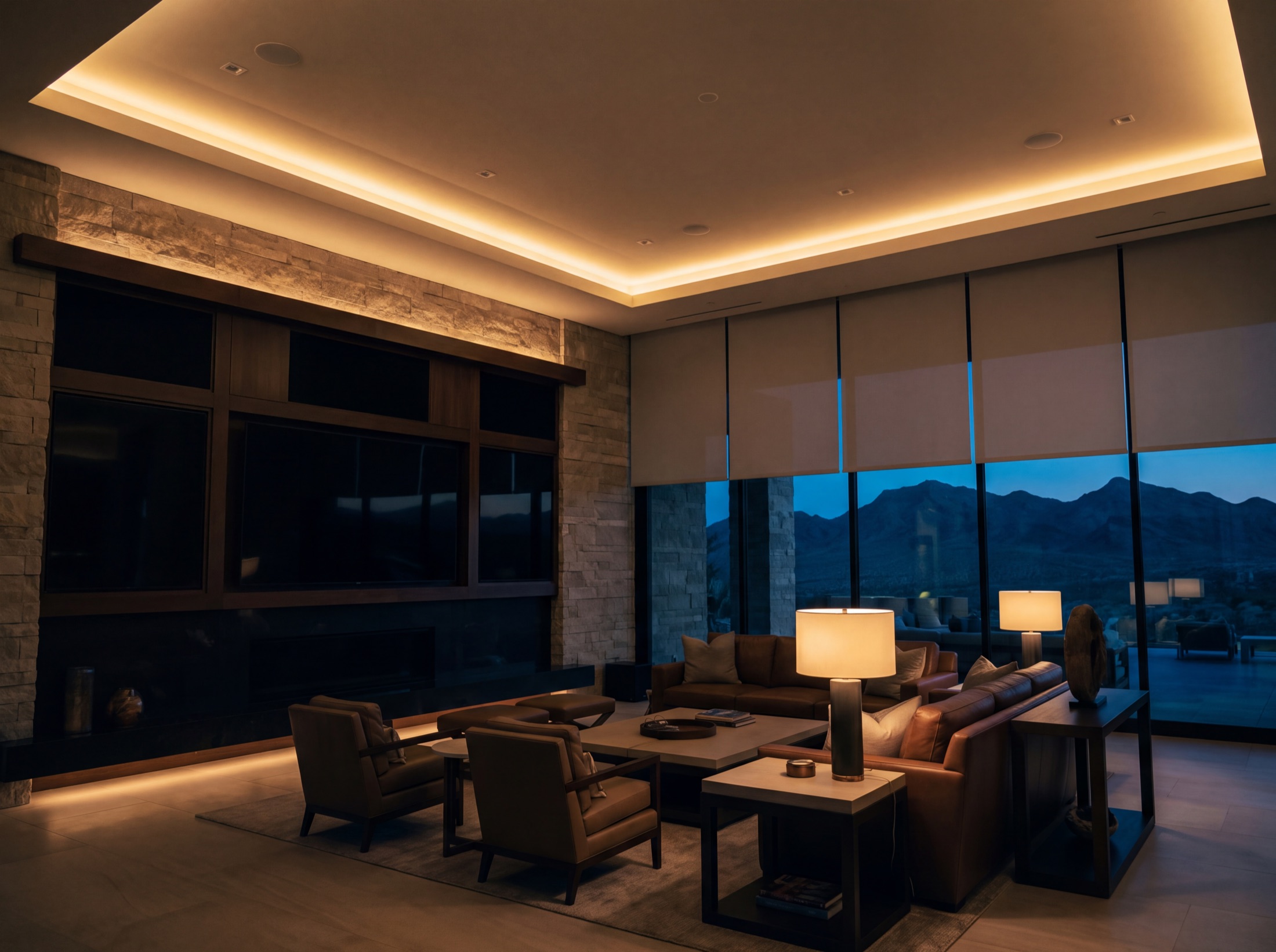 The great room at dusk, media wall lit, shades settled, a warm cove tracing the ceiling