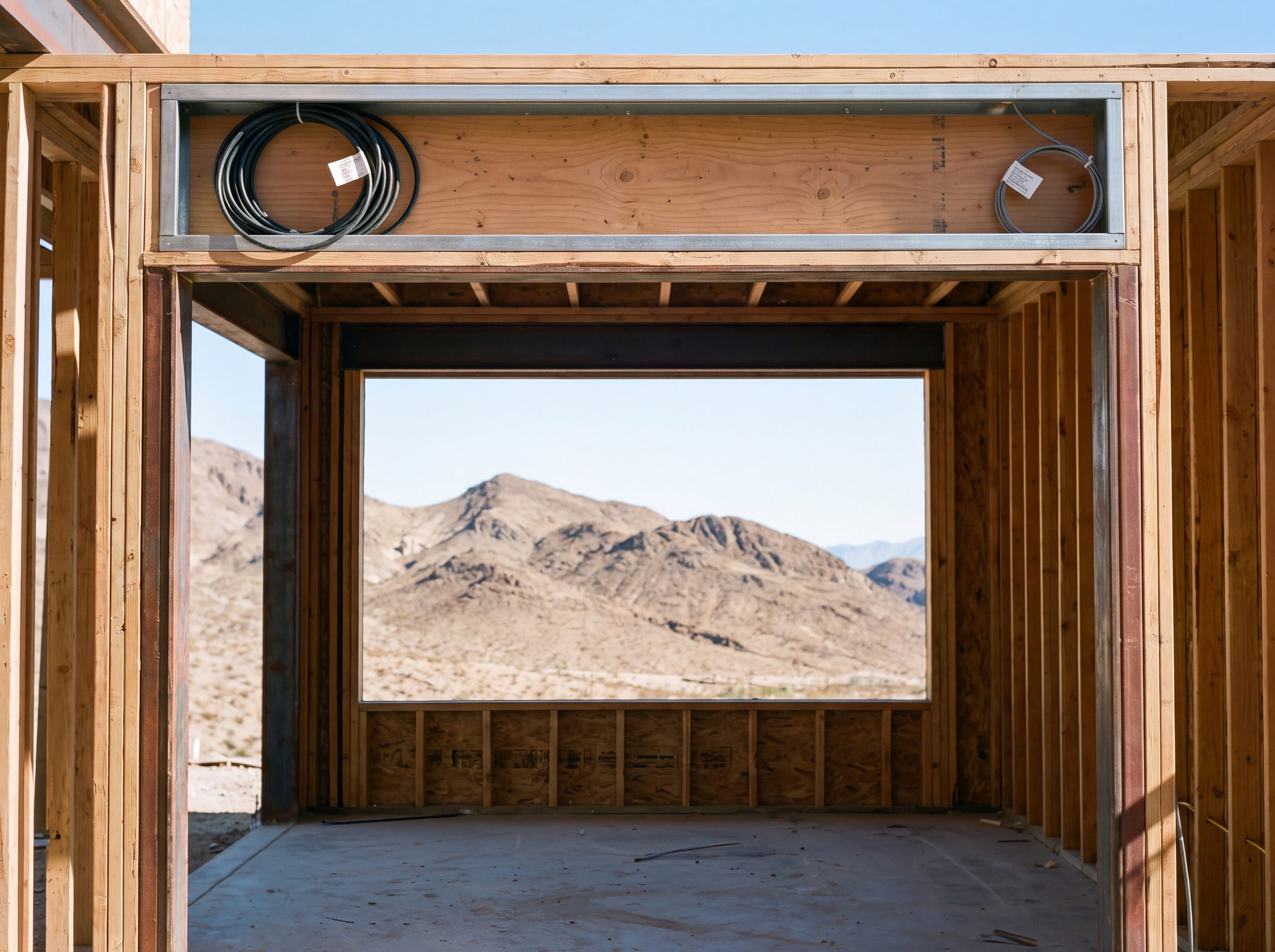 A shade pocket framed into a window head before drywall, power and control cable left terminated at the opening