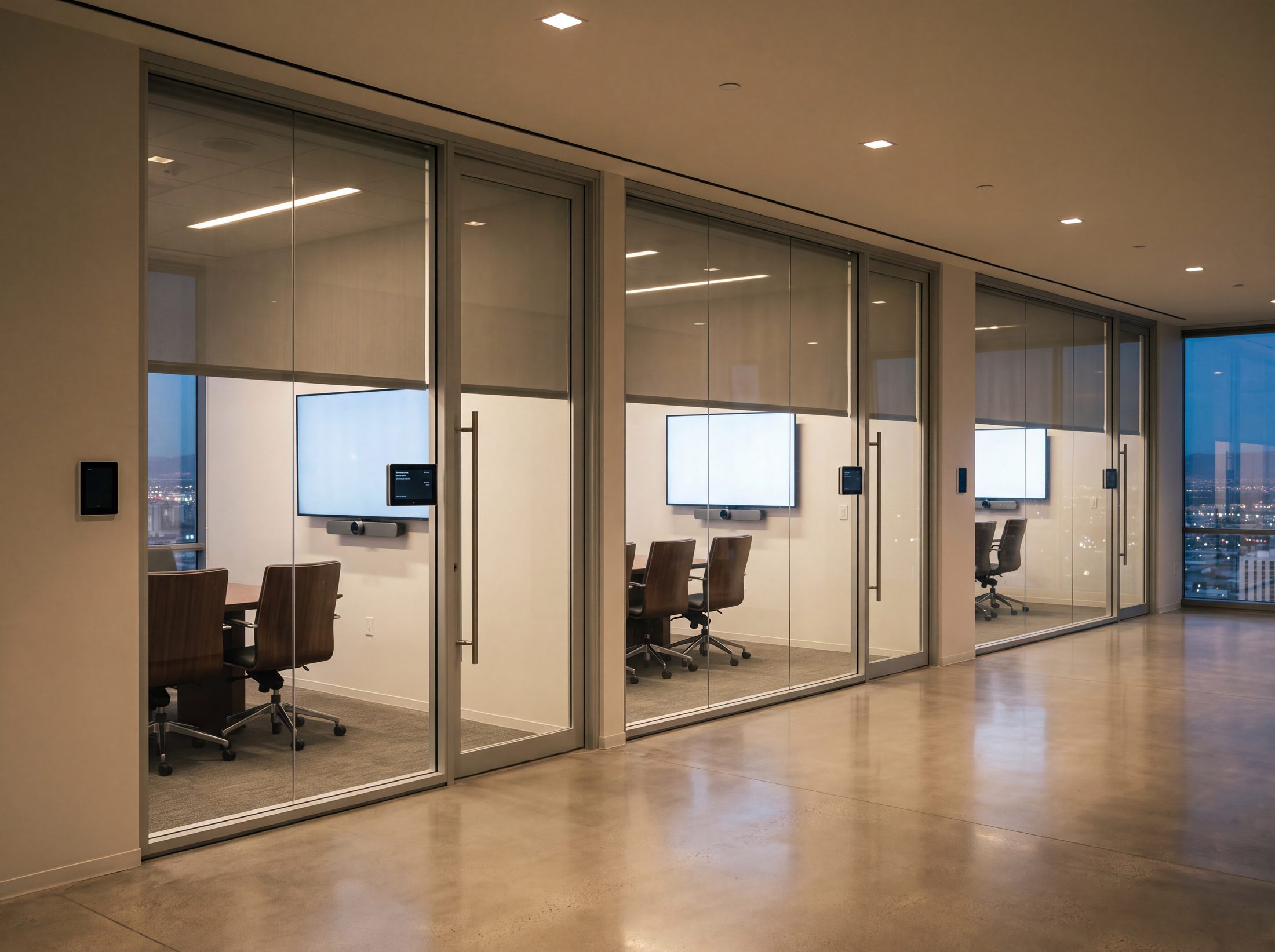 Three meeting rooms in a row through a glazed corridor, each fitted to the same standard: same display, same camera bar, same panel beside each door
