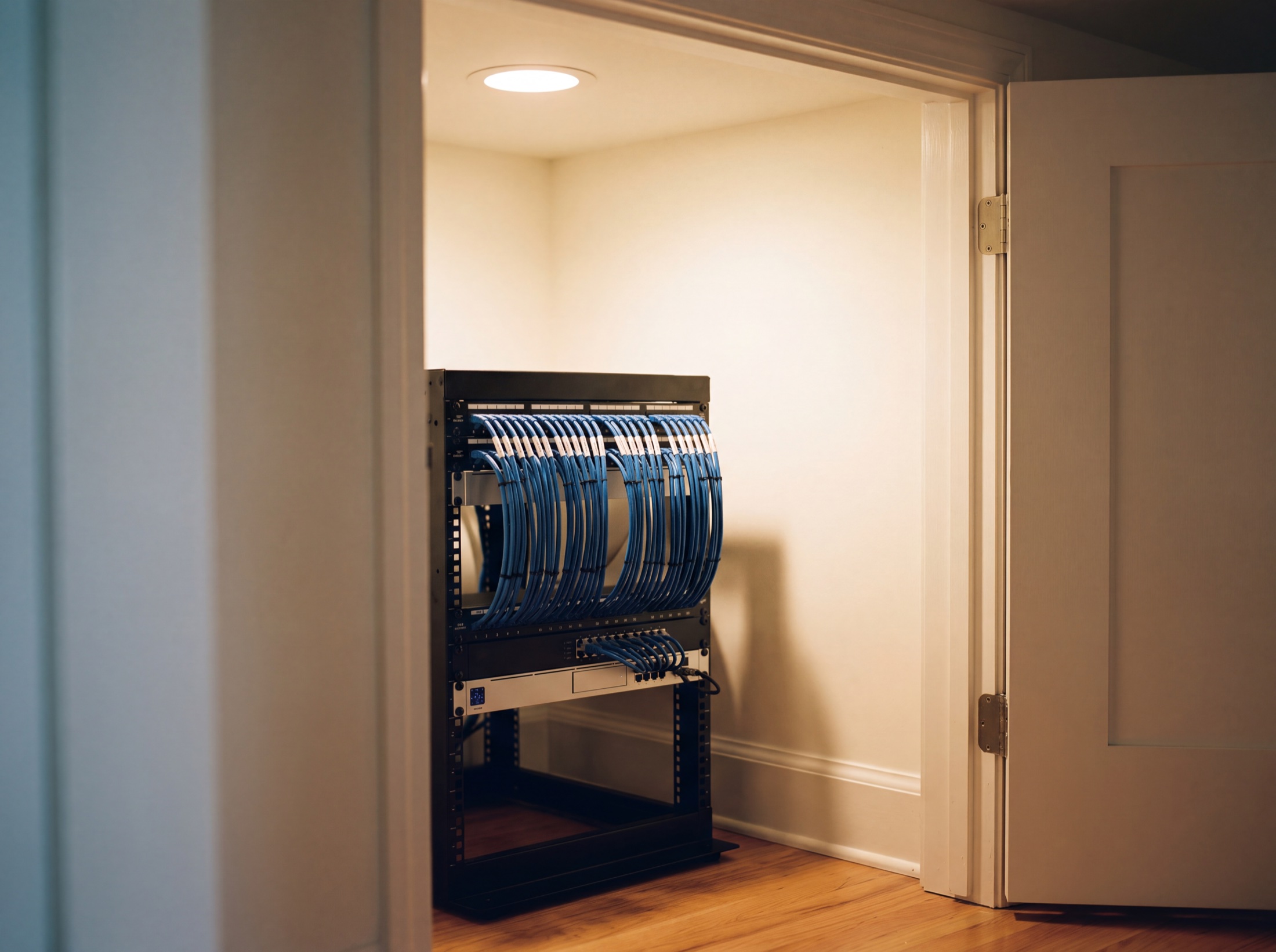 Compact residential rack in a hallway closet, blue cabling dressed into the patch panel, one warm light overhead
