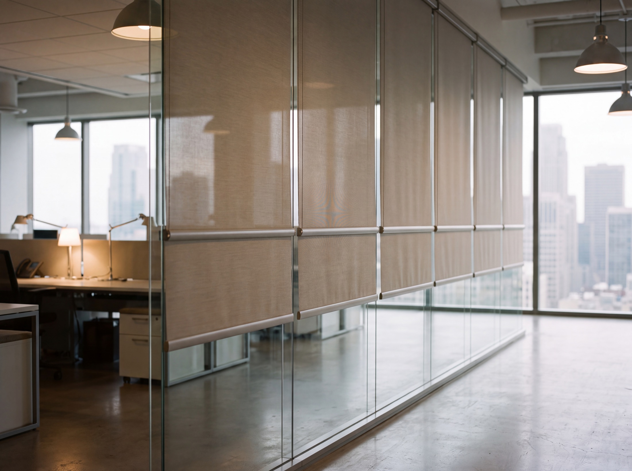 Motorized shades mid-descent along a commercial window wall, every hem bar level across the run