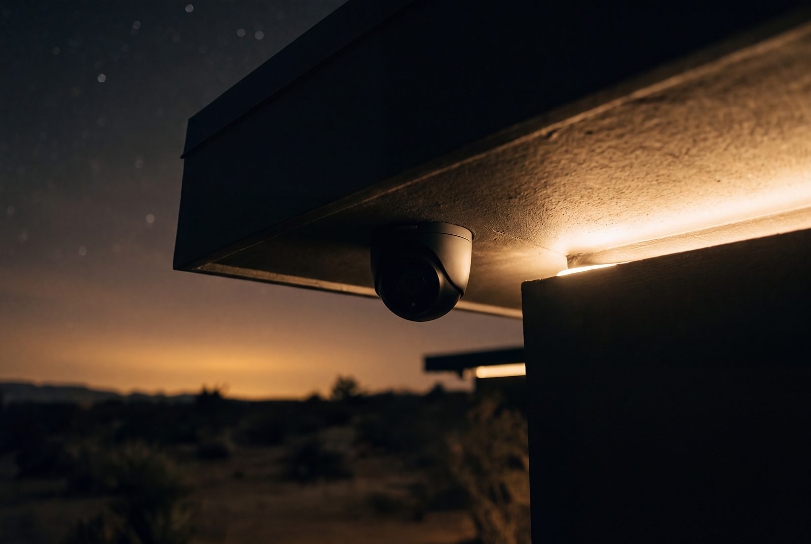A discreet camera beneath an architectural soffit at dusk