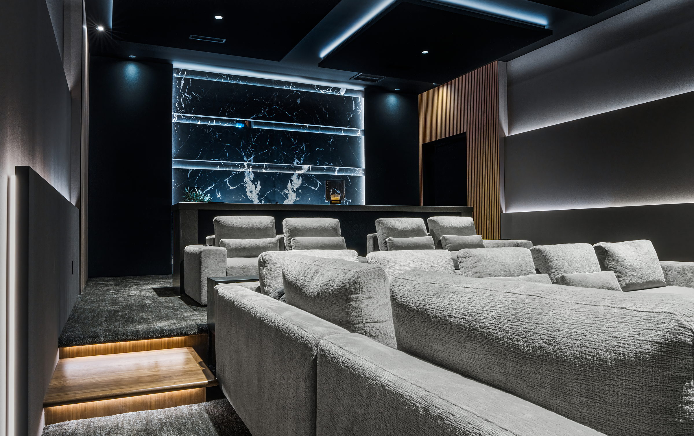 Tiered seating and the step lighting that finds it in the dark