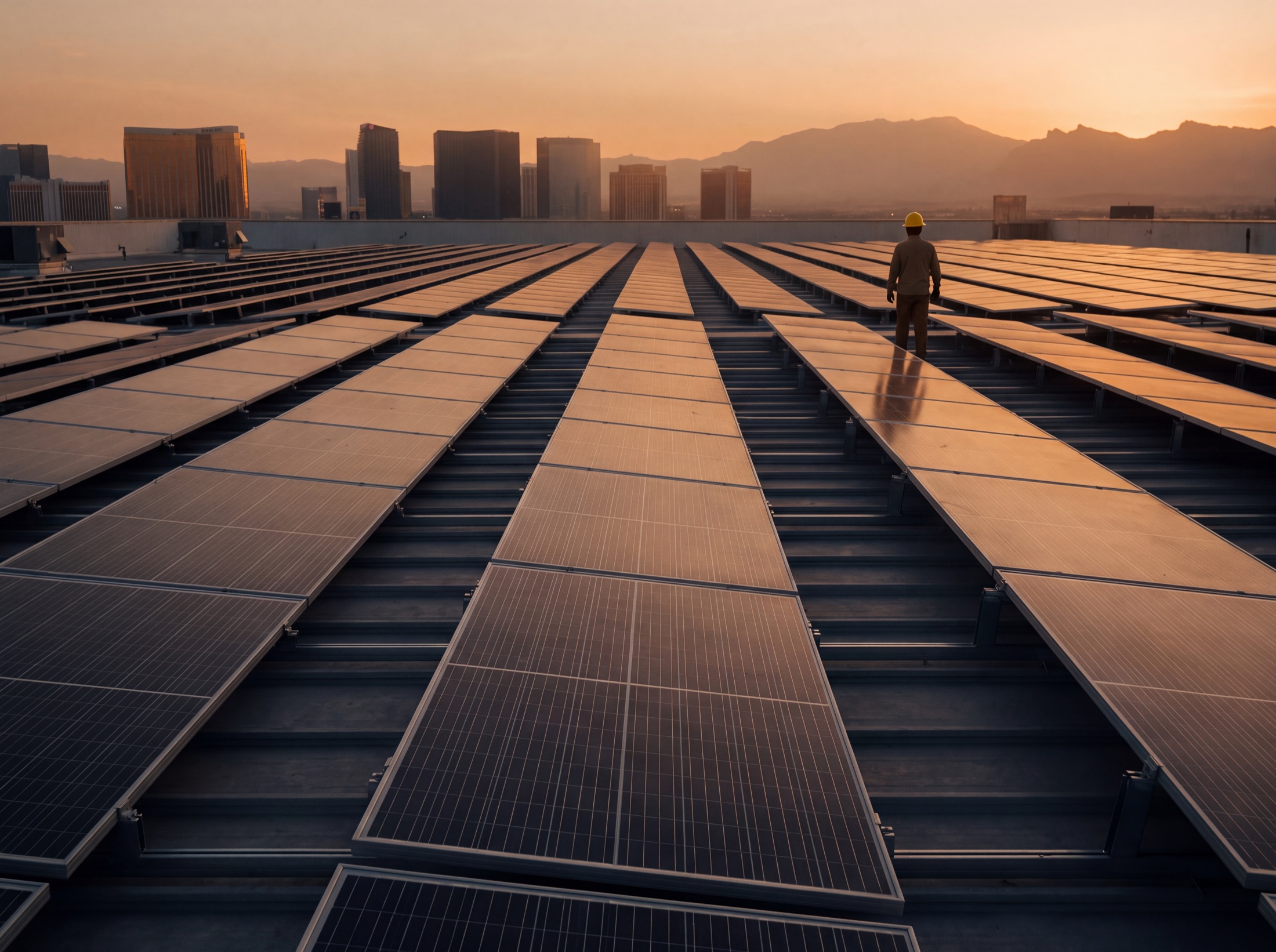 Commercial rooftop array in late golden hour, rows receding toward the Las Vegas skyline