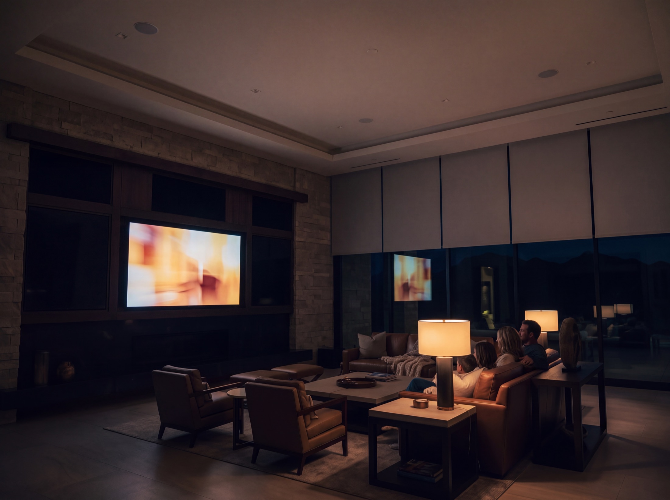 Visualization of the great room in use at night: the family watching together, one lamp scene low and warm