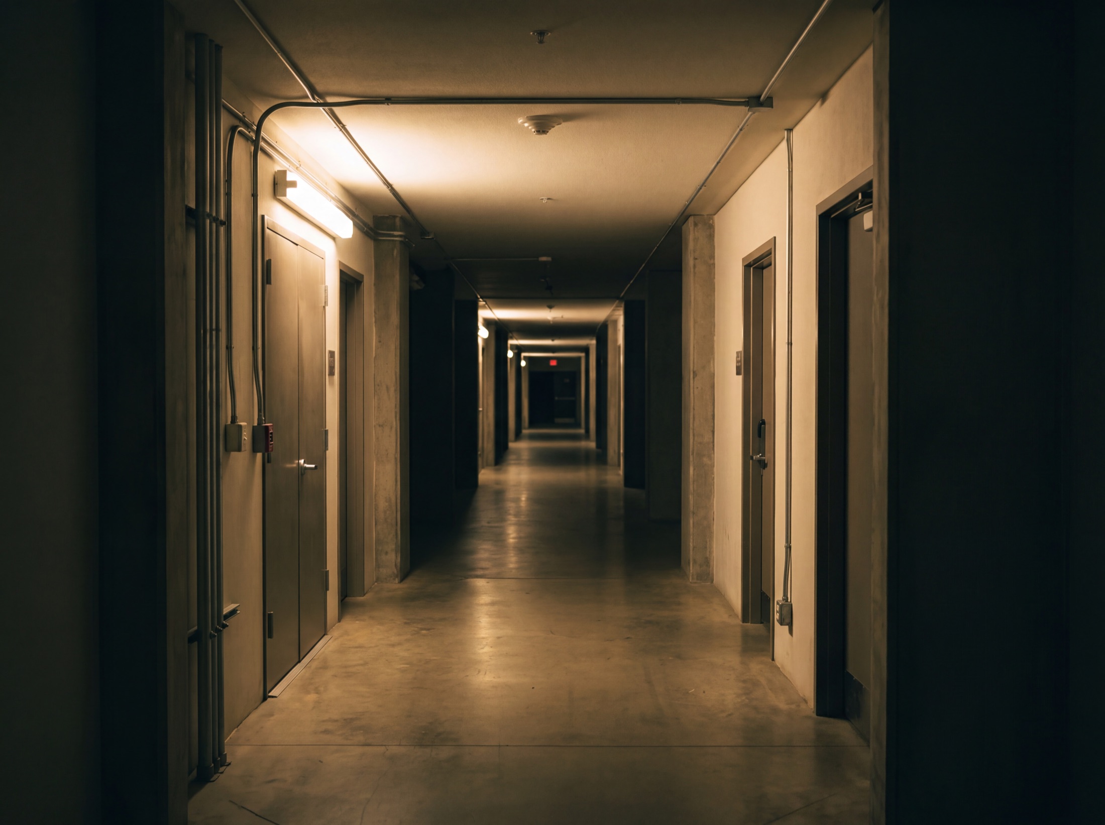 A back-of-house corridor at night stepping down under occupancy sensing, dark zones receding behind the lit one
