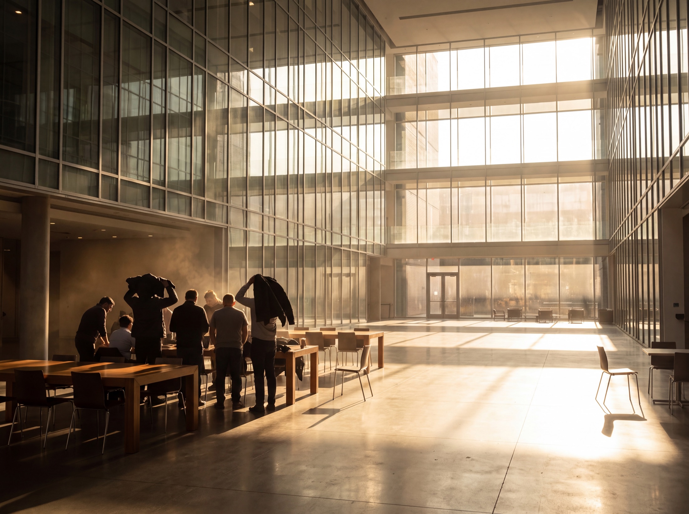 A glass atrium at peak sun, hard light across the floor, occupants clustered in the one shaded zone