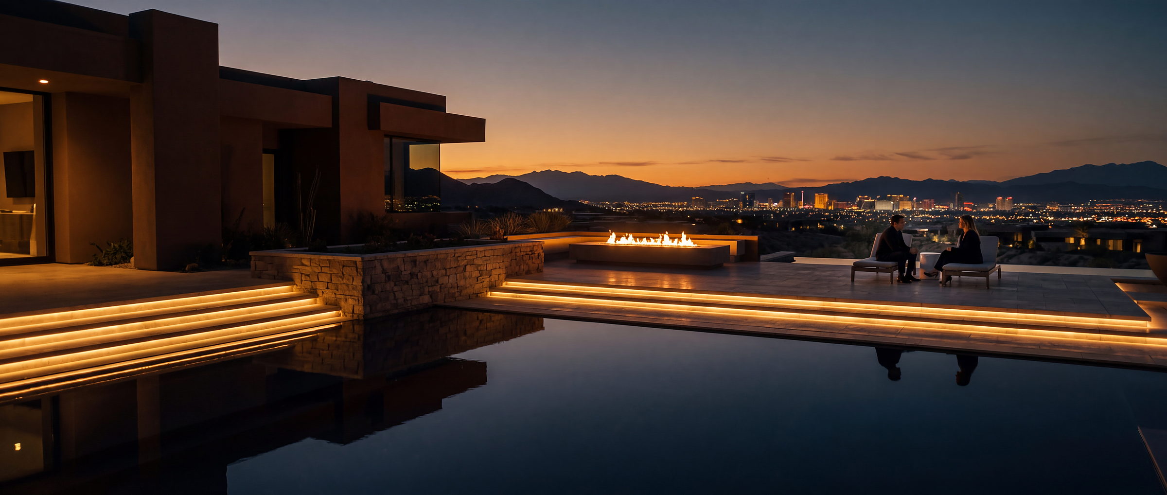 A desert pool terrace at dusk, fire feature lit, the Las Vegas valley below
