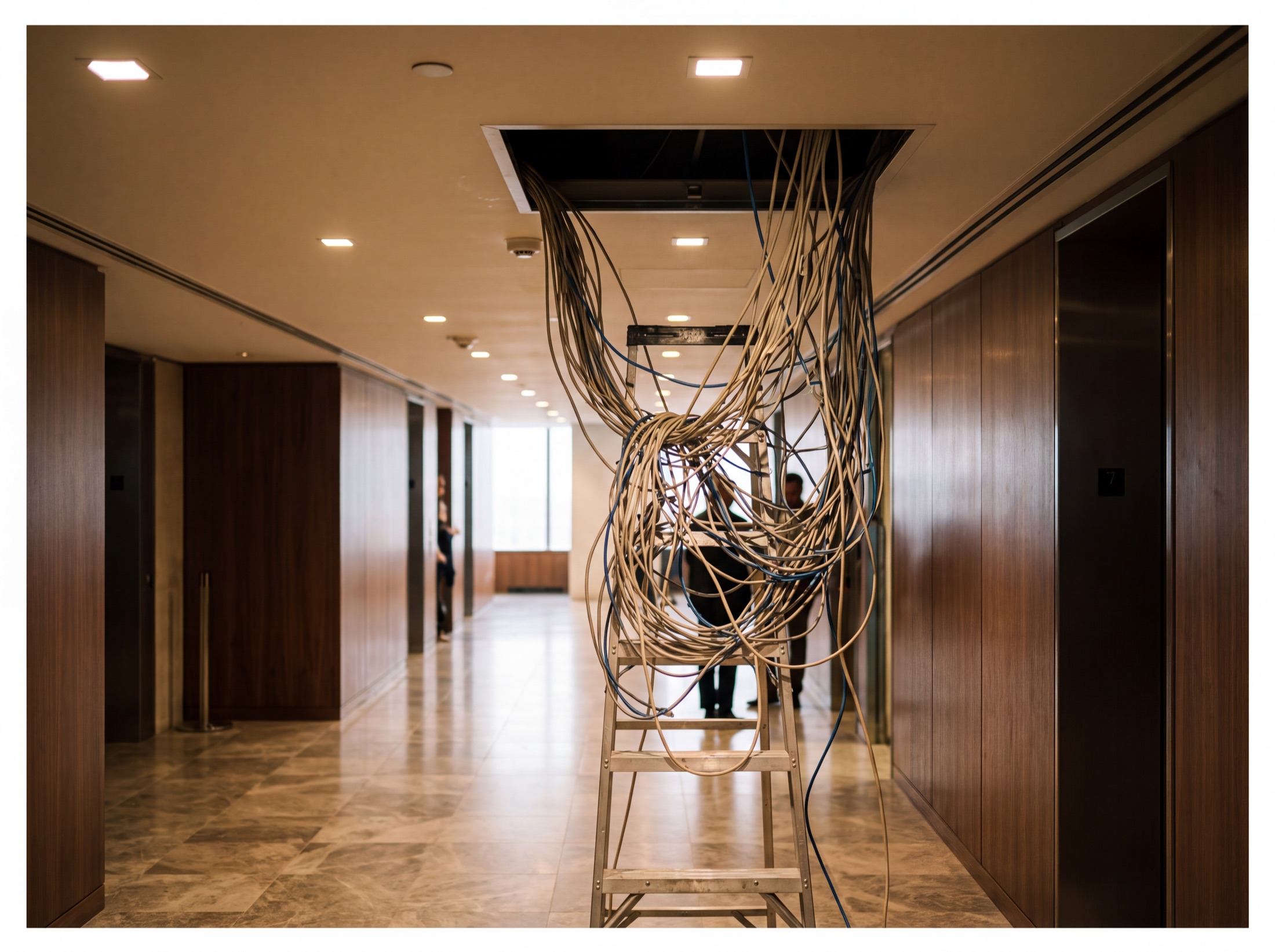 An open ceiling hatch in a finished corridor with a tangle of unlabeled cabling spilling from the void above