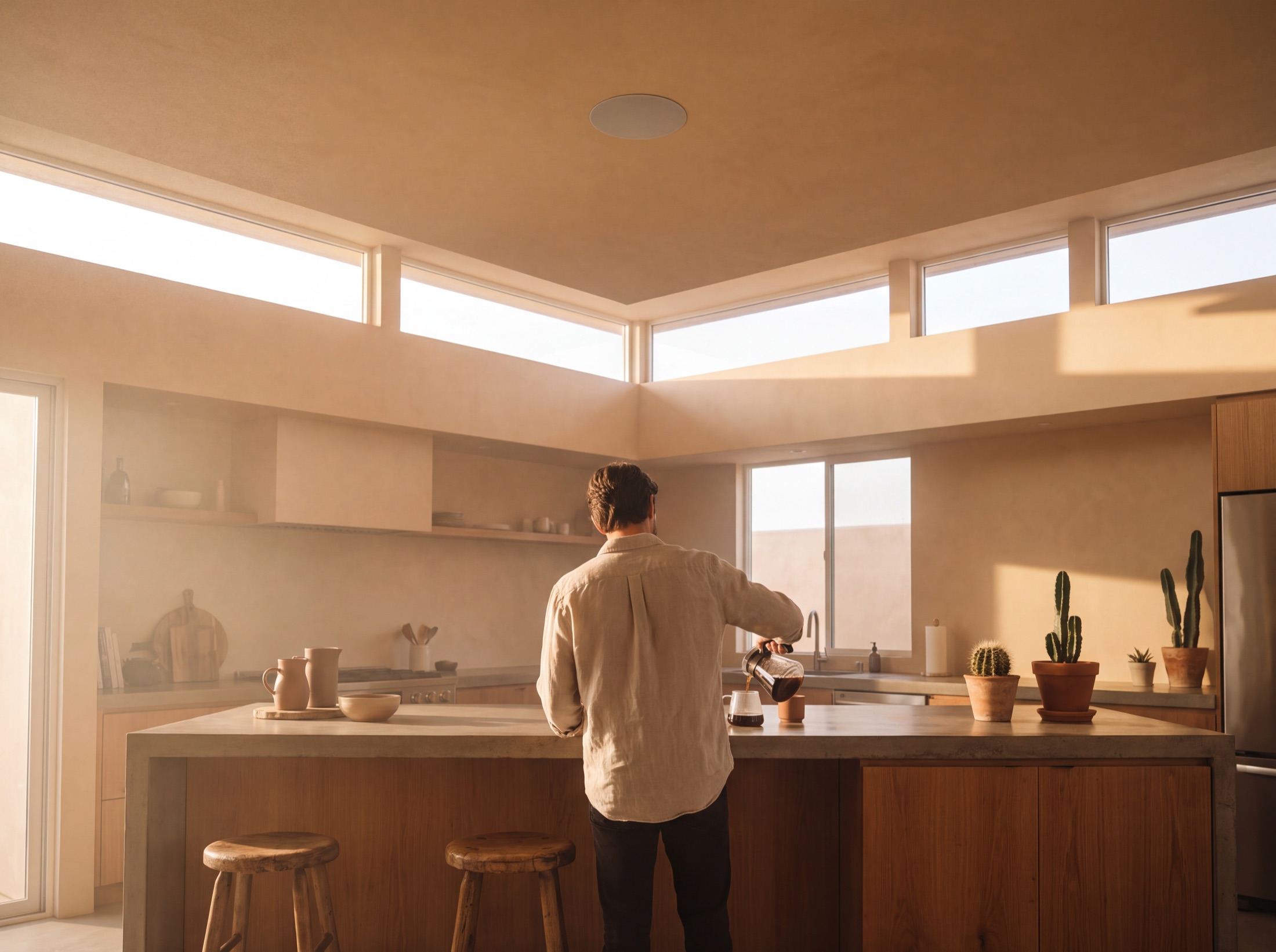 Morning kitchen with a flush in-ceiling speaker barely visible in the plaster, coffee being poured below