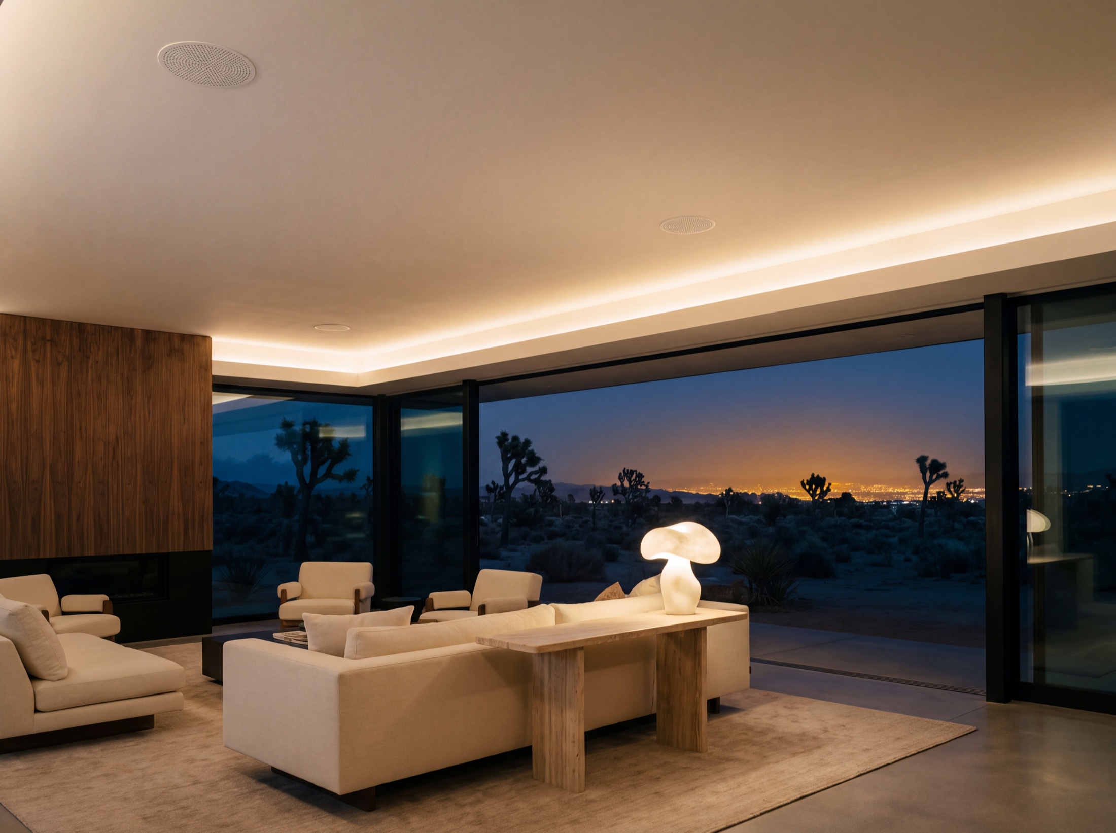 Great room at dusk, in-ceiling speakers flush and nearly invisible in the plaster, Joshua trees and the valley lights beyond the glass