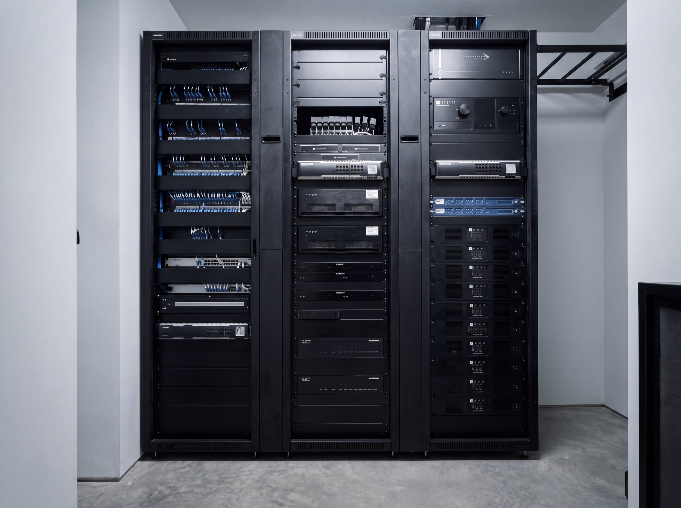 A single dressed AV distribution rack in a cool equipment closet, looms combed, every source living once
