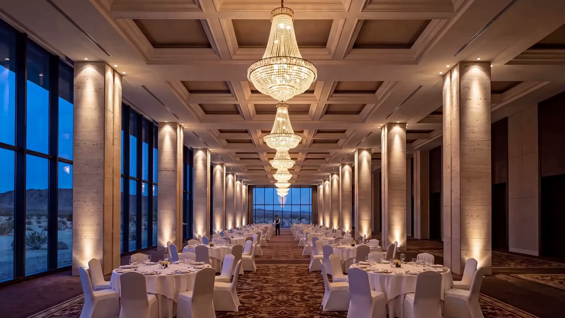 A resort ballroom at dusk, the camera moving down the center aisle between set banquet tables