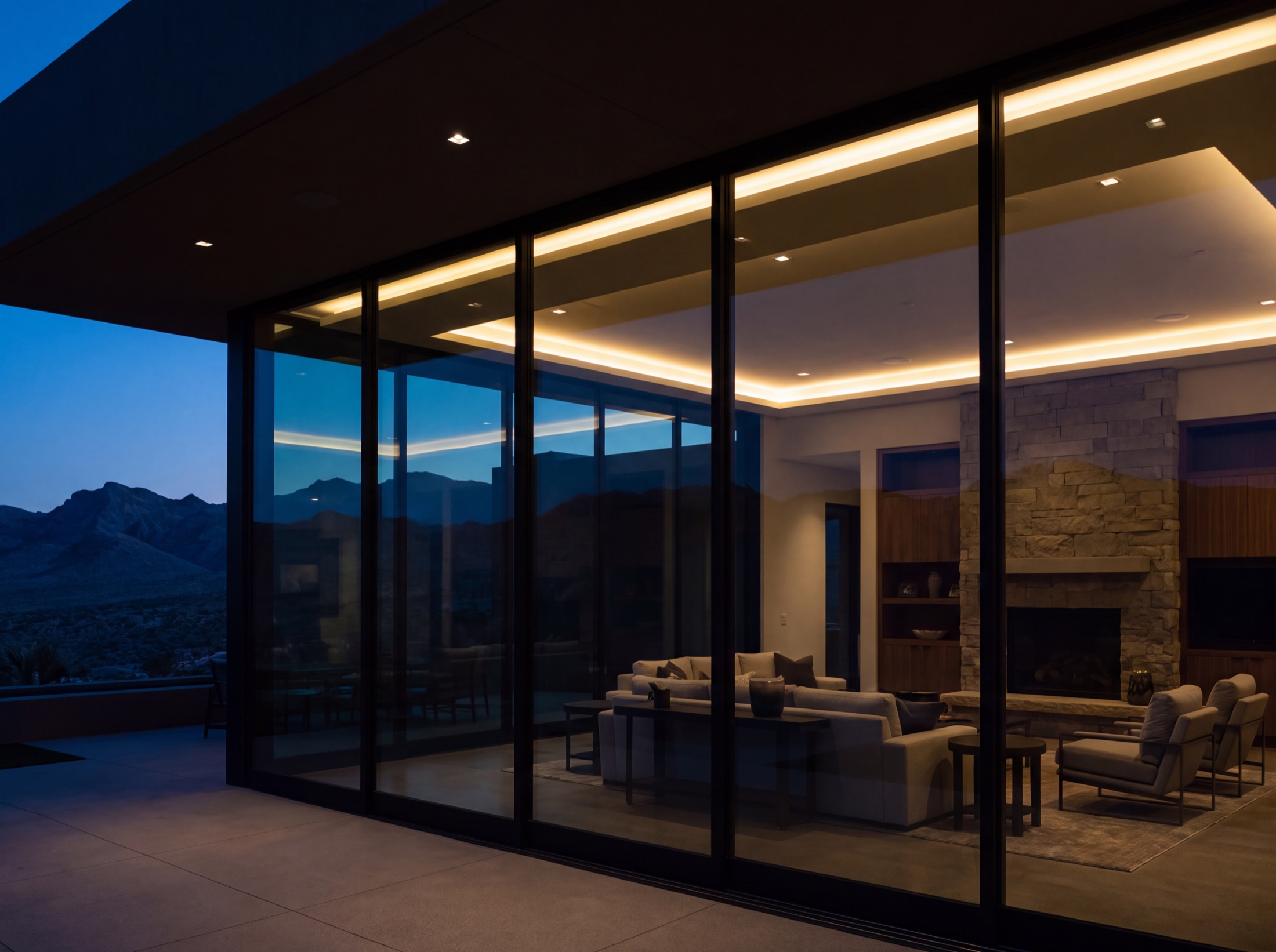 Great room at dusk, shades raised as the glass turns to a black mirror and the warm cove lighting wakes along the ceiling