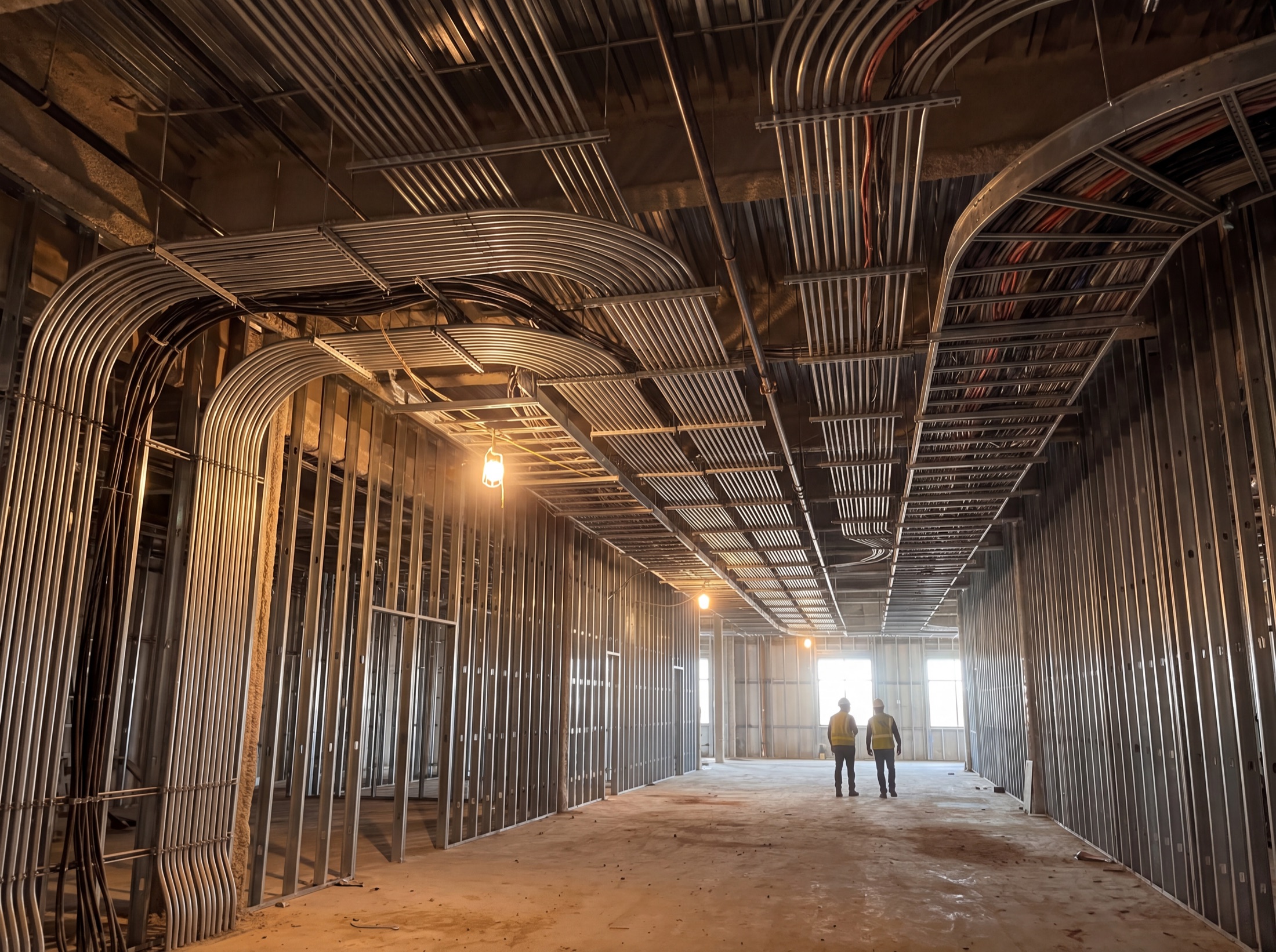A commercial interior at rough-in, conduit and cable tray sweeping overhead in coordinated parallel runs