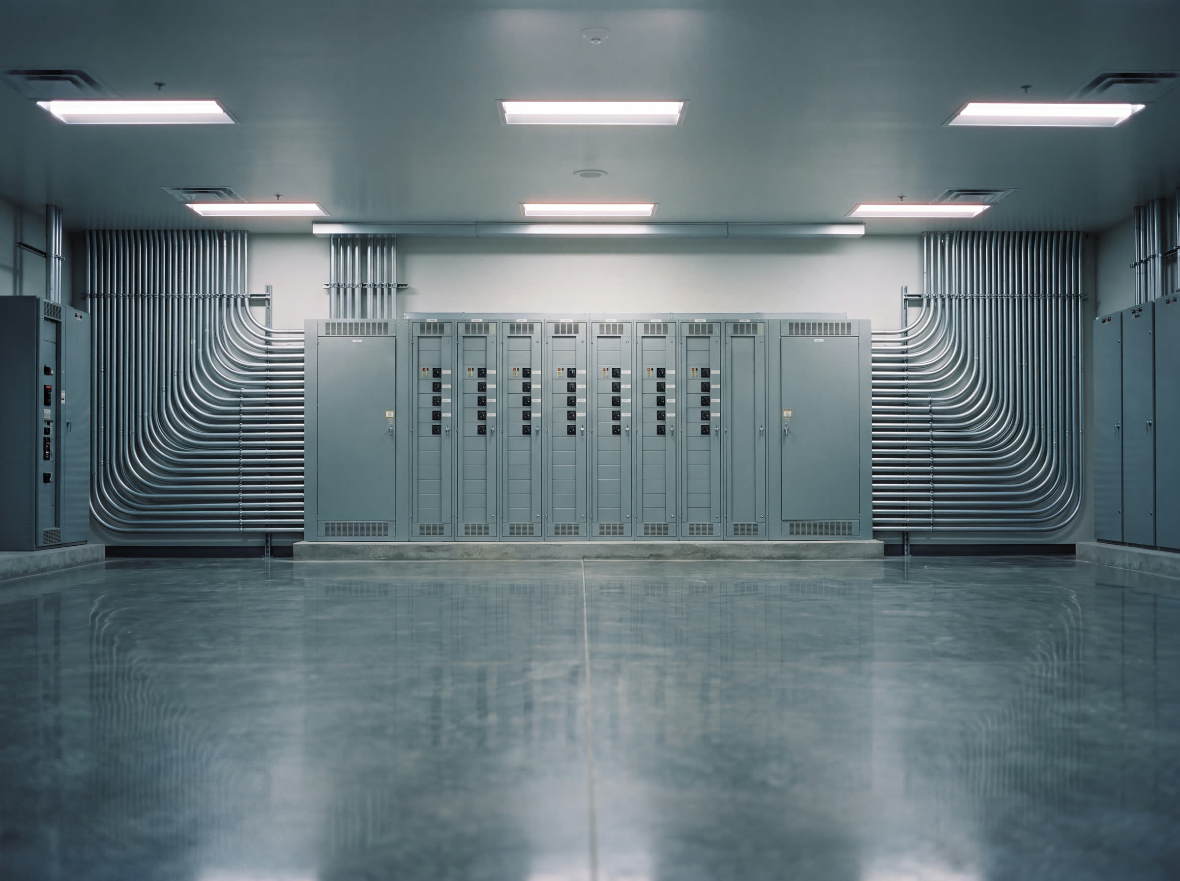 A commercial switchroom: distribution boards in one lineup, conduit sweeping to them in parallel runs