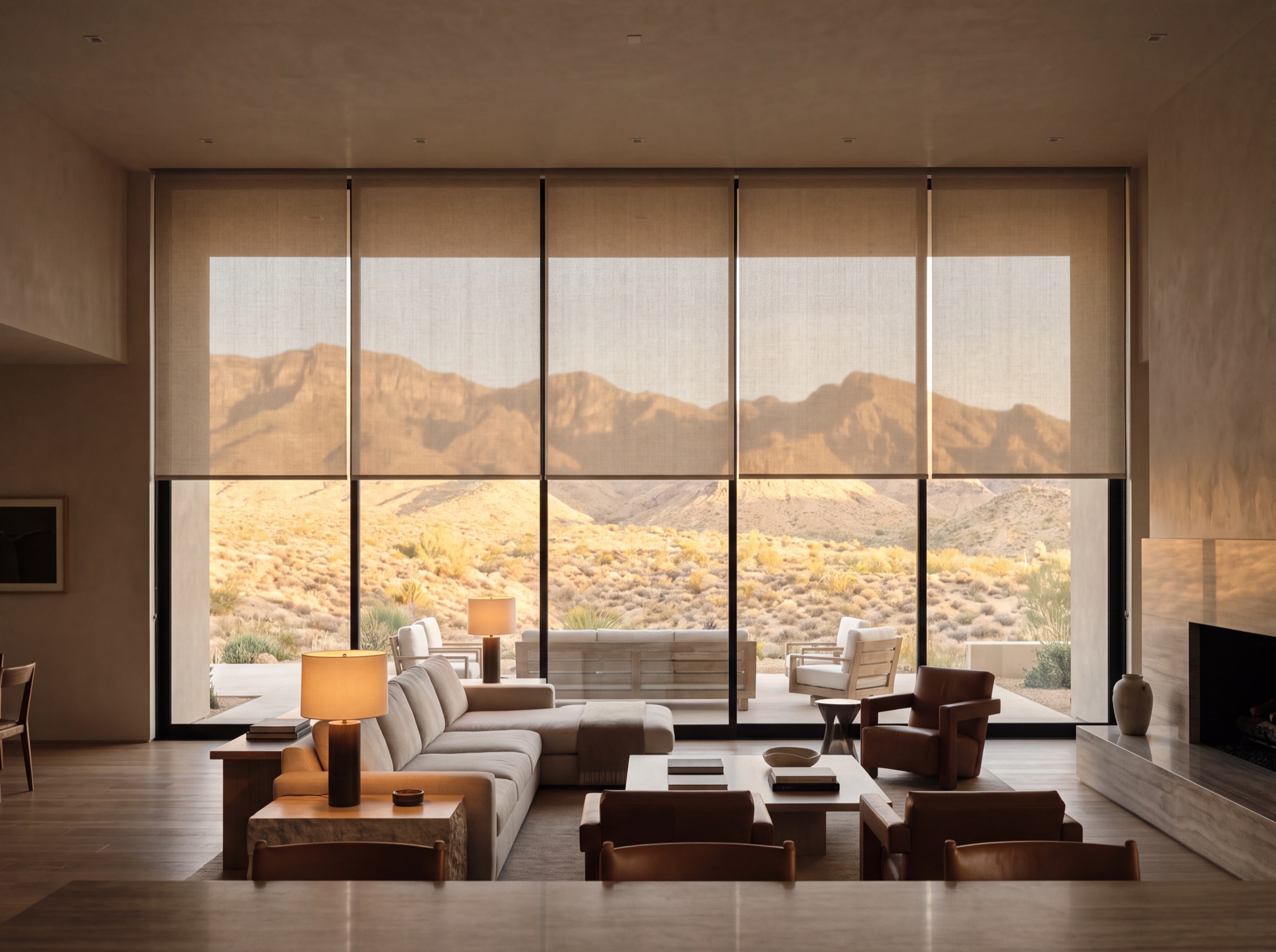 Sheer motorized shades lowered halfway across a wall of glass at golden hour, hem bars level, the mountain view held through the weave