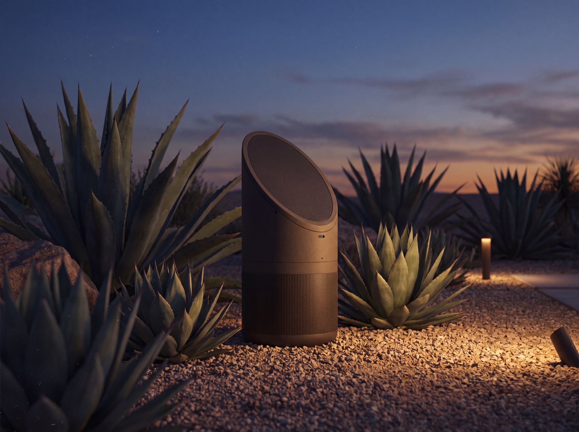 A bollard speaker seated into desert planting among agave and decomposed granite at dusk, reading as a garden object