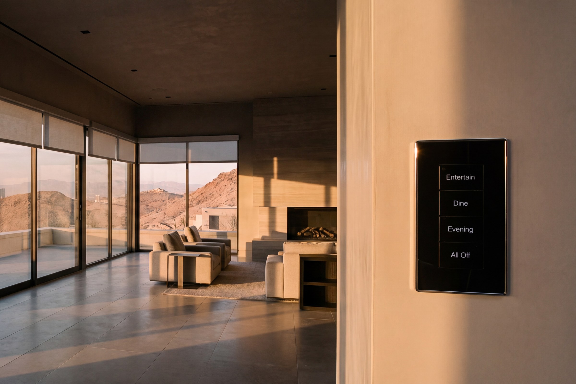 A Lutron Palladiom keypad in black glass at a living room entry, desert hills at sunset beyond