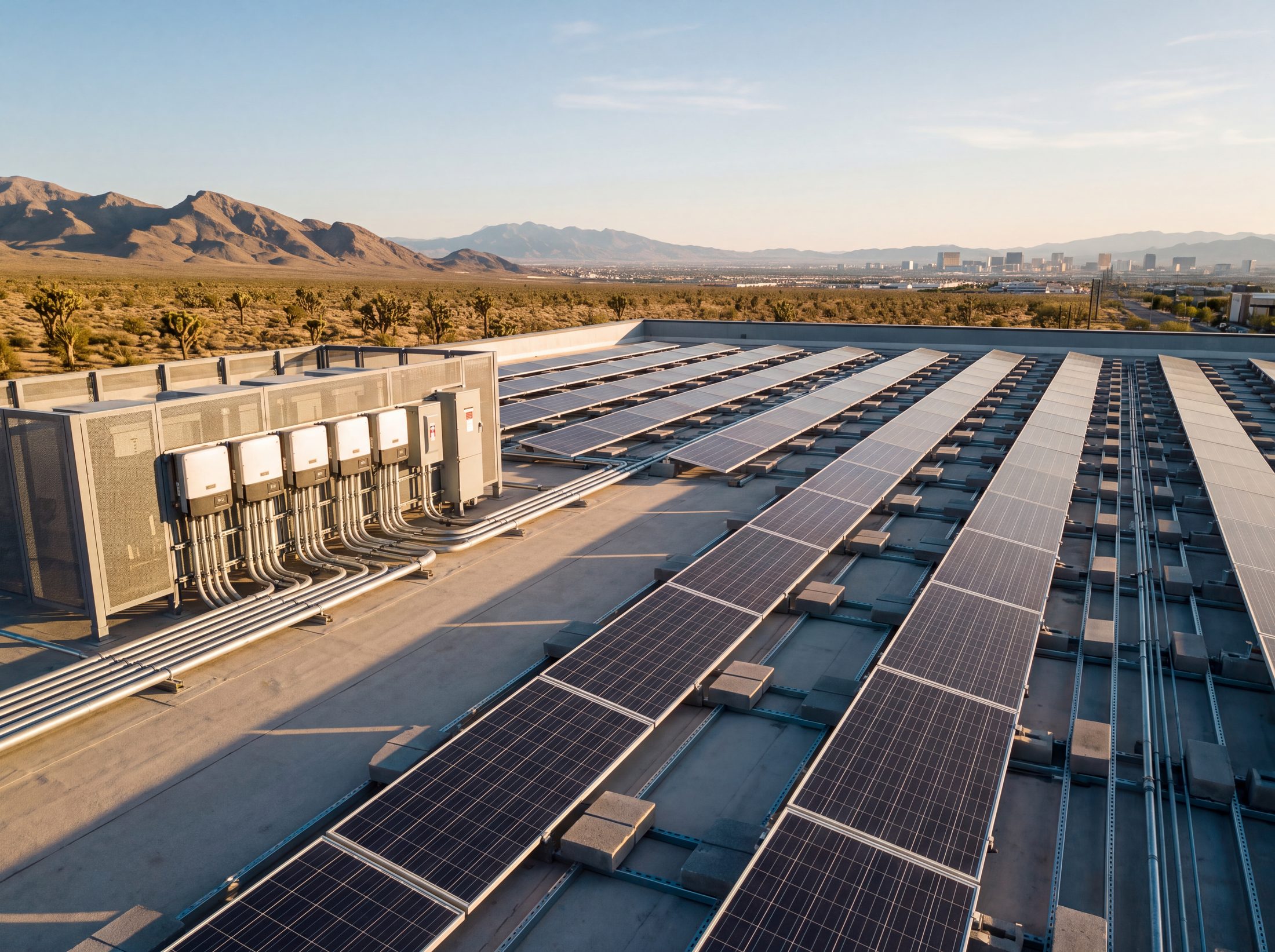 A commercial rooftop array in ordered rows with its mounting structure squared to the roof, inverters and switchgear on a screened plinth