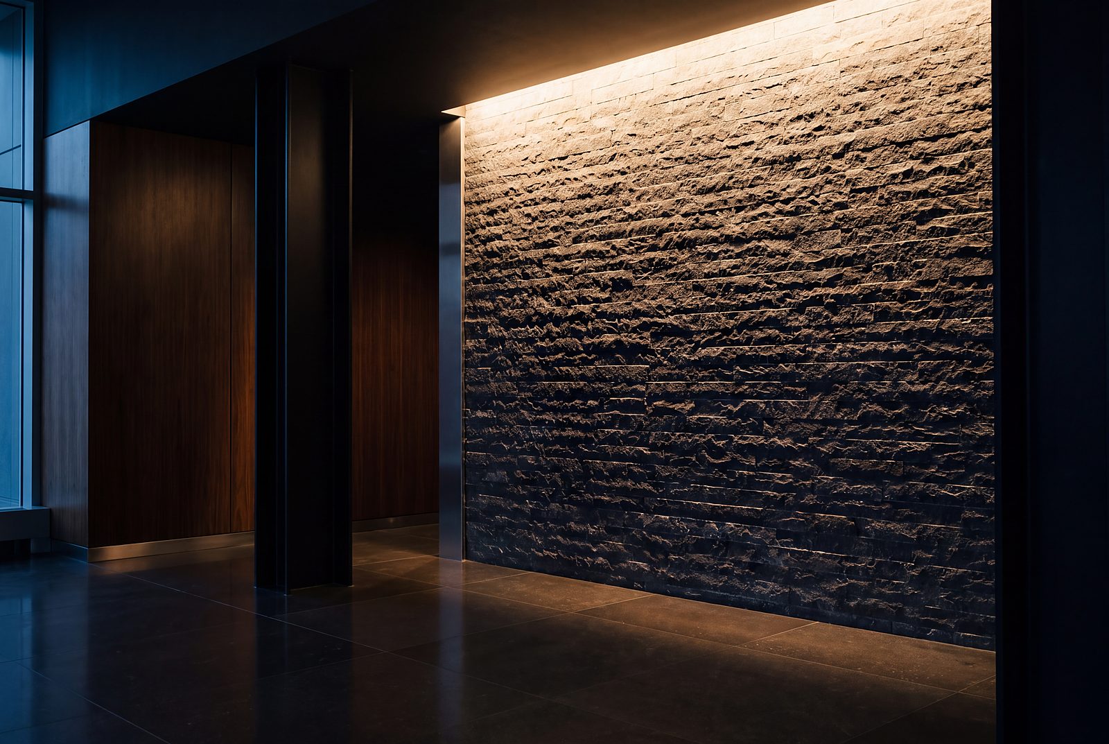 A linear cove grazing a stone feature wall in a commercial lobby