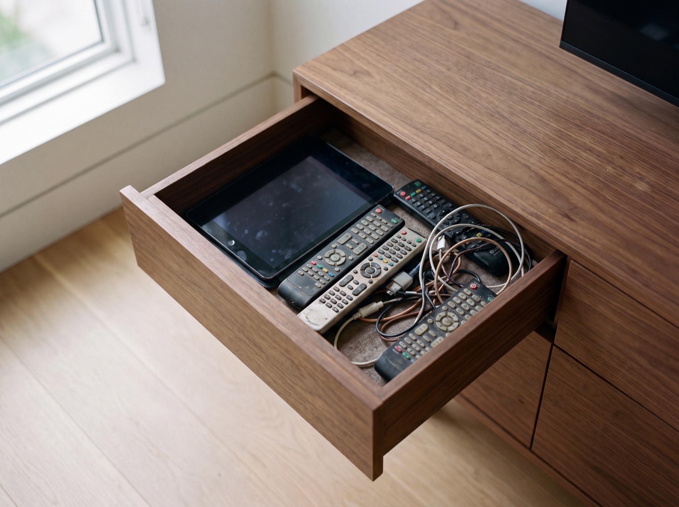 An open millwork drawer holding five remotes and a tablet, the tangle a house collects when nothing is integrated