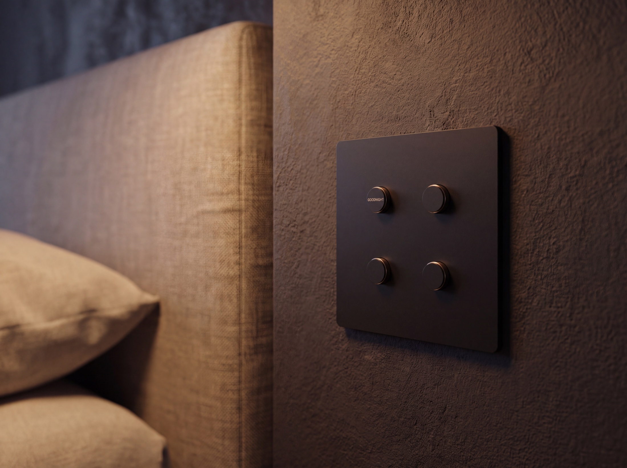 A matte black Lutron Alisse keypad flush at the bedside, warm evening lamplight