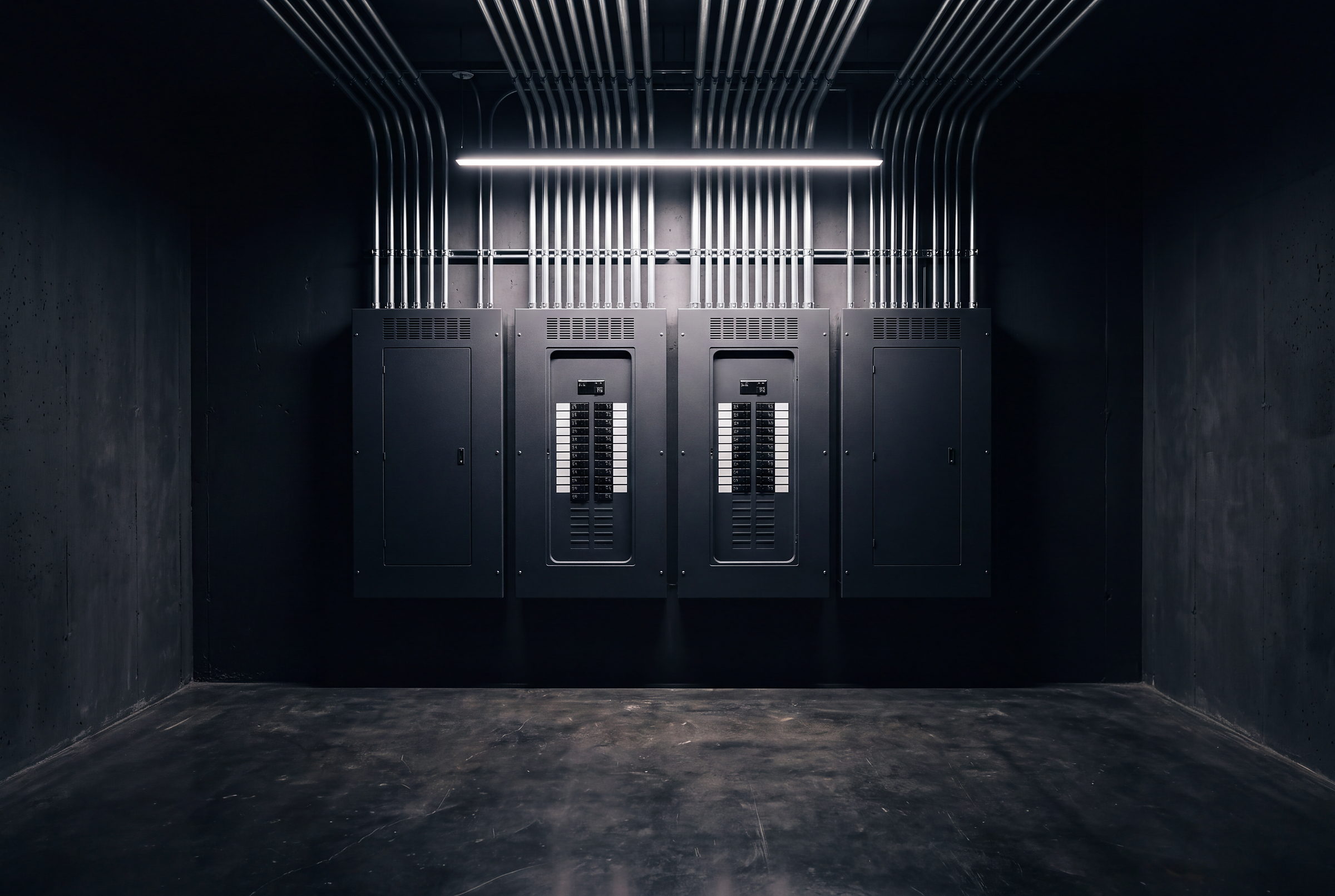 Commercial electrical panels under a single cool fixture, conduit in parallel runs