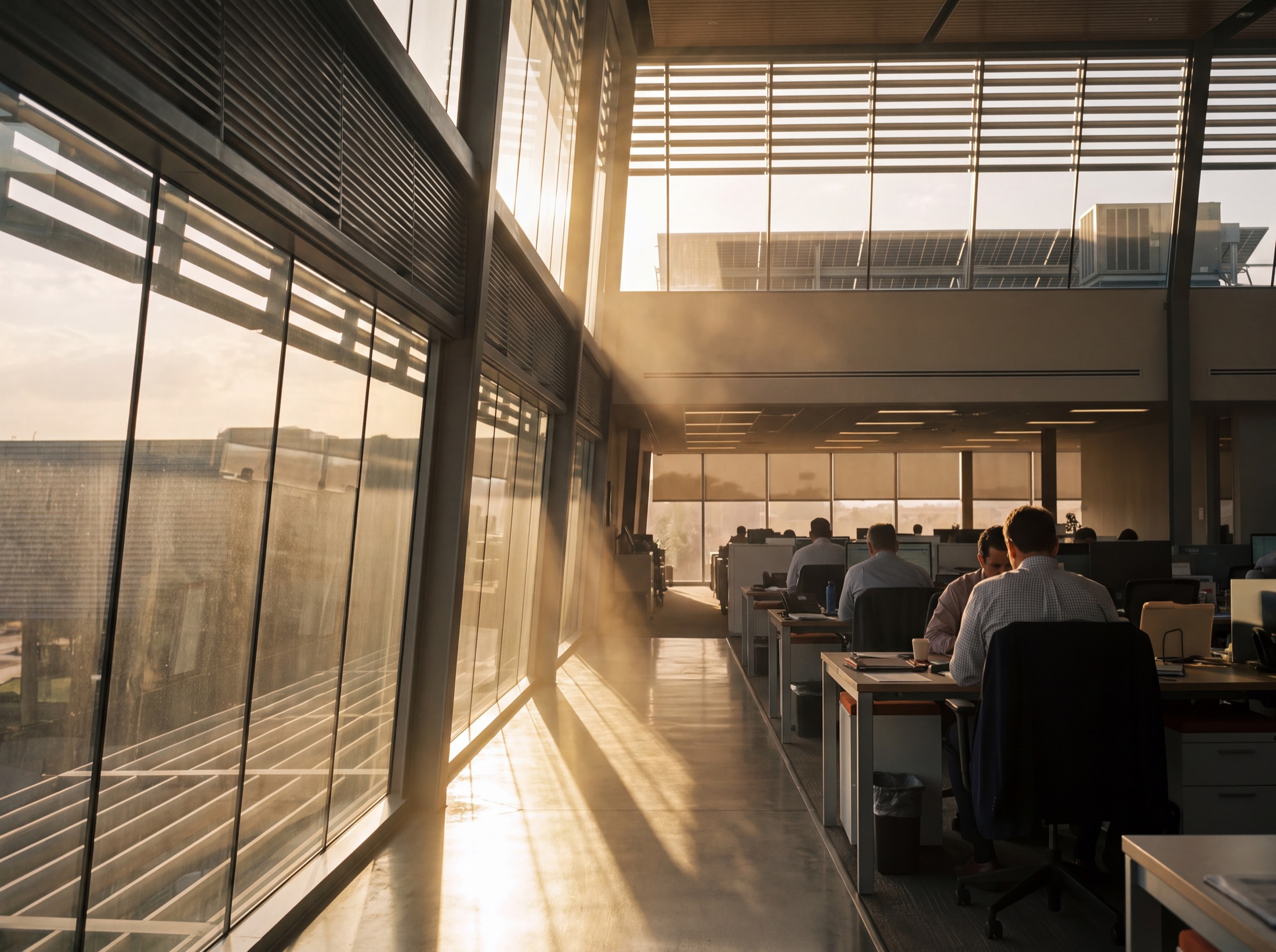 Afternoon peak at the glass: the same sun loading the cooling plant is feeding the roof, occupants comfortable behind motorized shading