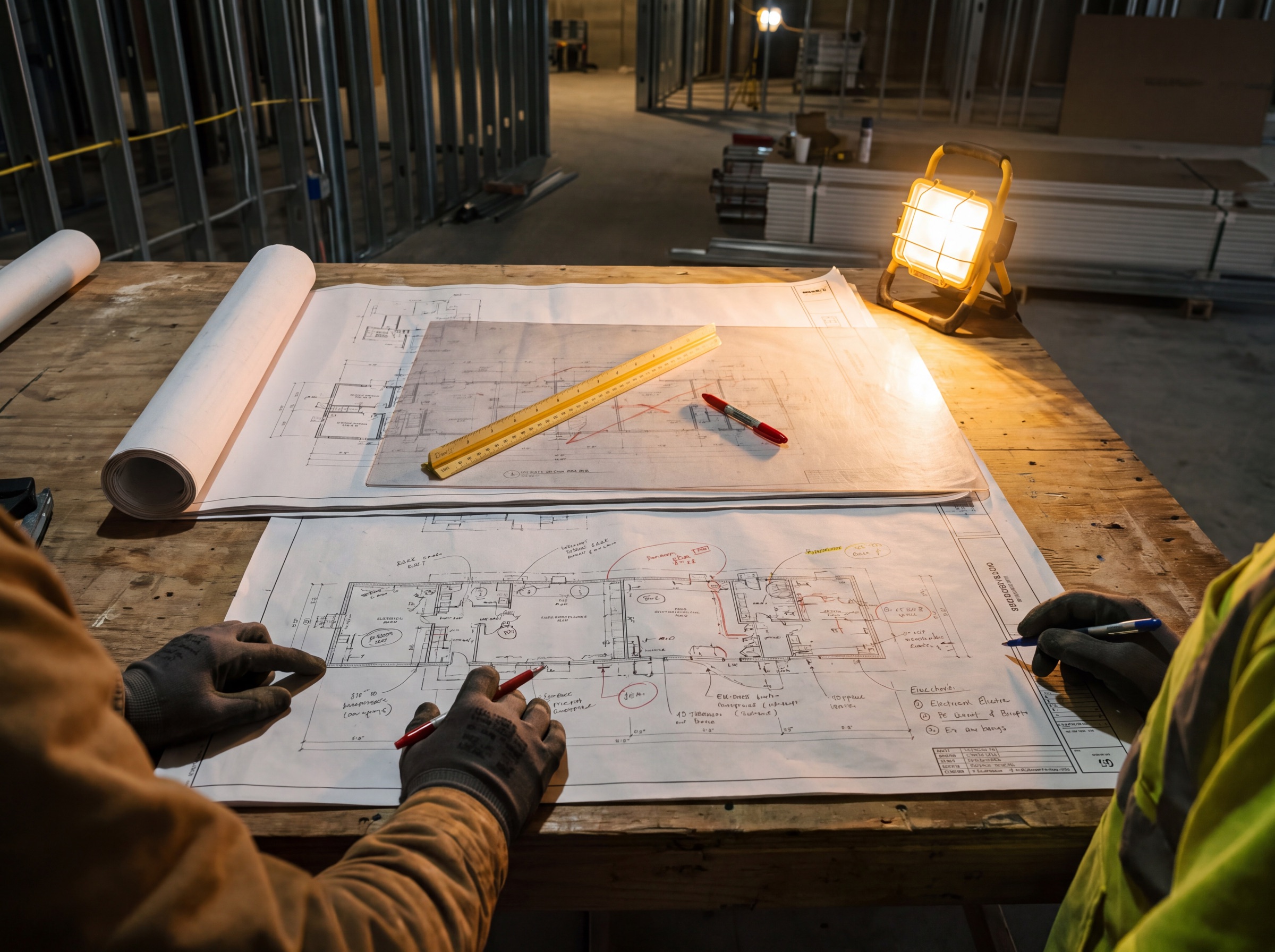 Marked-up technology drawings on a site table, steel framing beyond