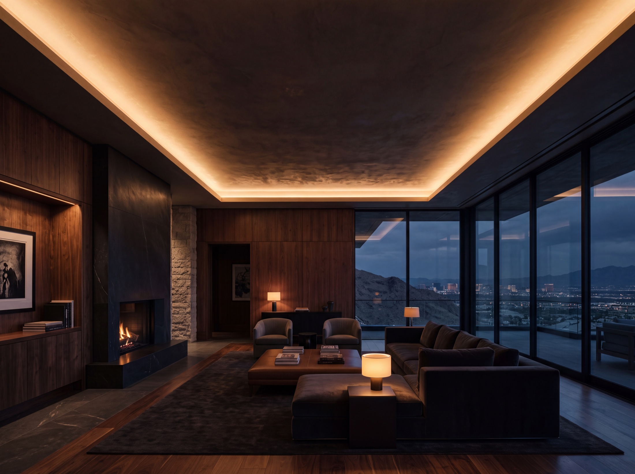 Great room at the dim evening hour, a concealed cove of warm light tracing the ceiling, no fixture in sight