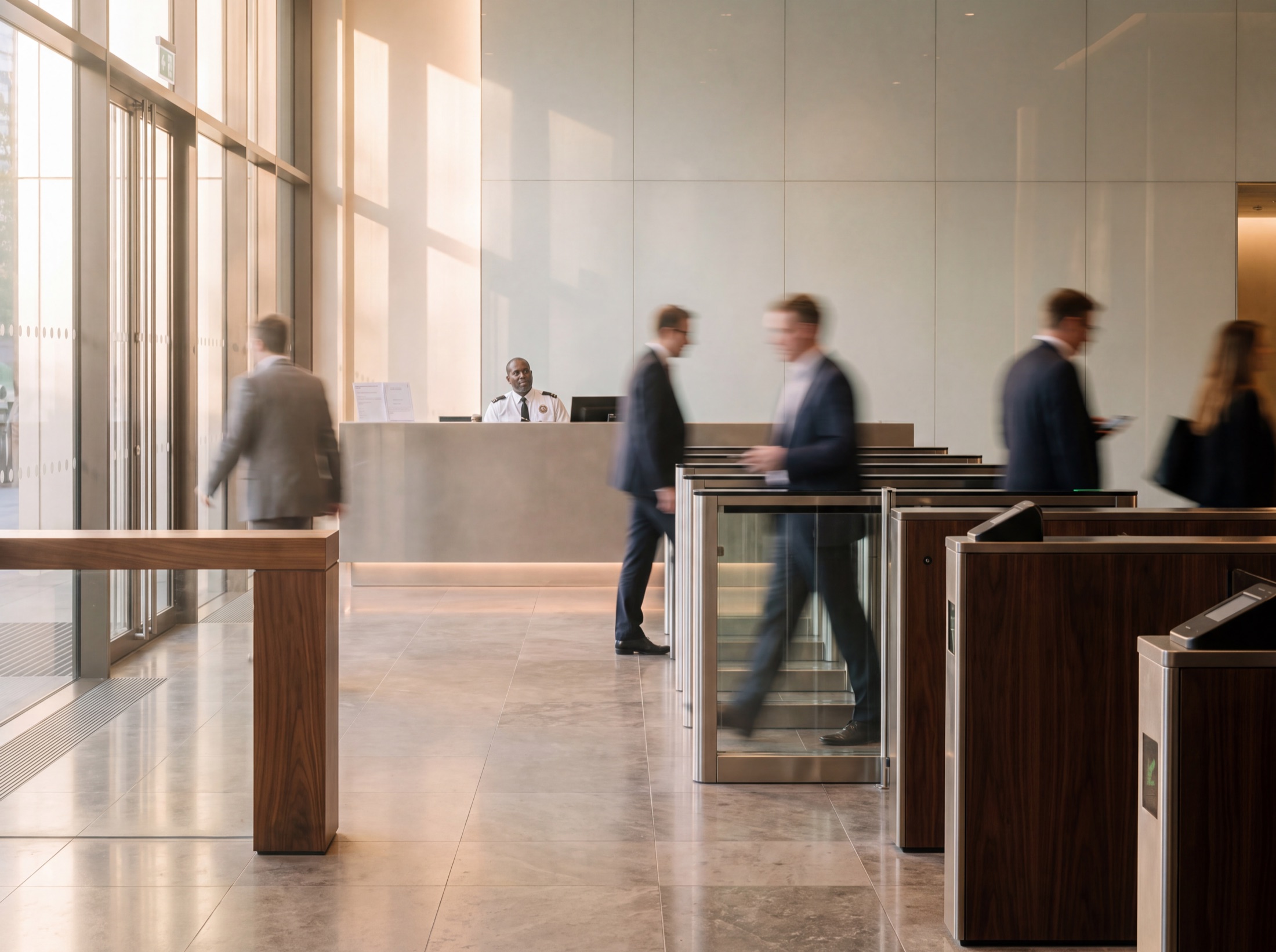 Morning rush at a commercial lobby, staff moving through glass speed gates without breaking stride
