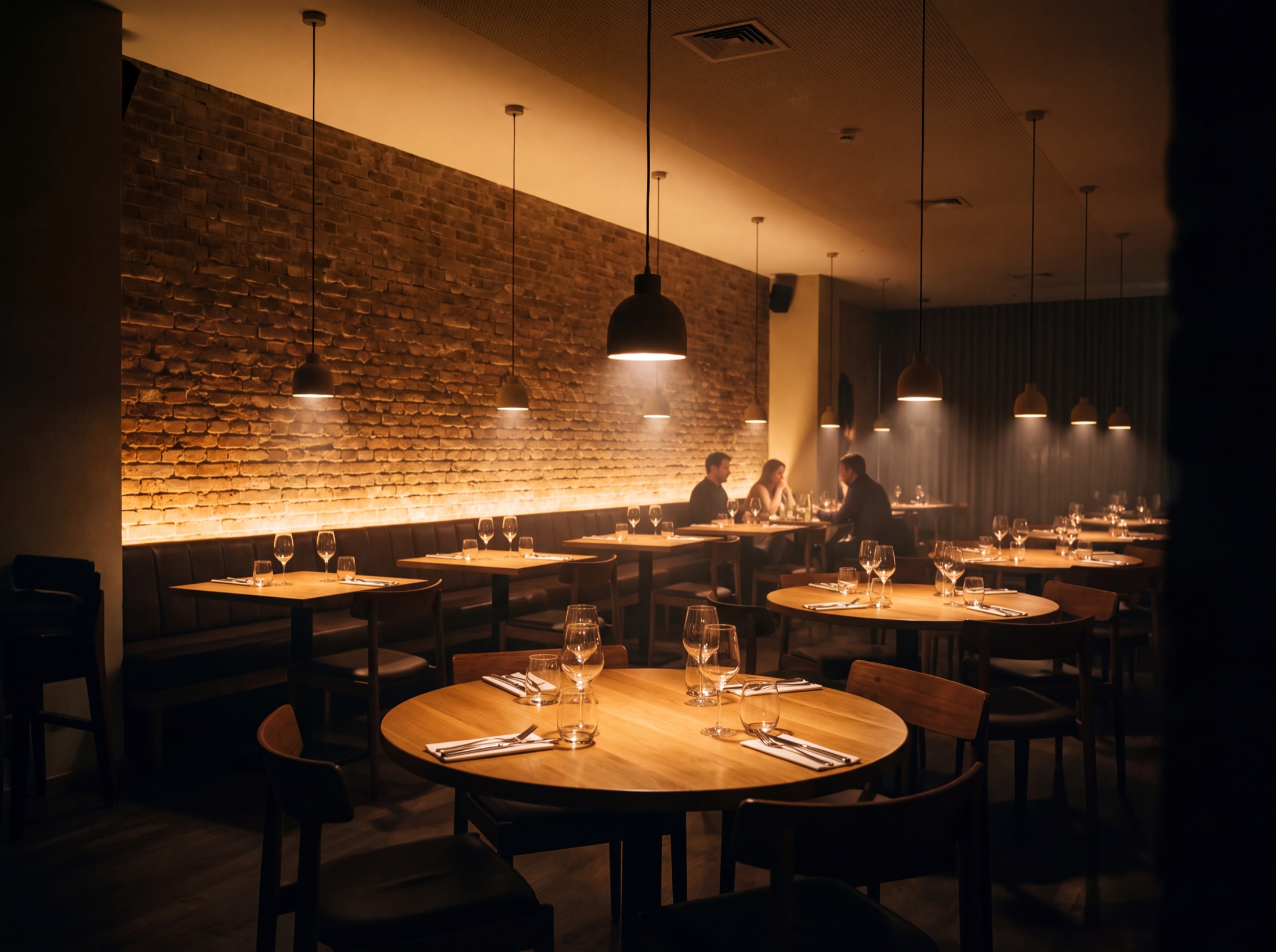 A dining room composed for the camera: pendants in warm pools, texture grazed, edges dark, no glare at any seat