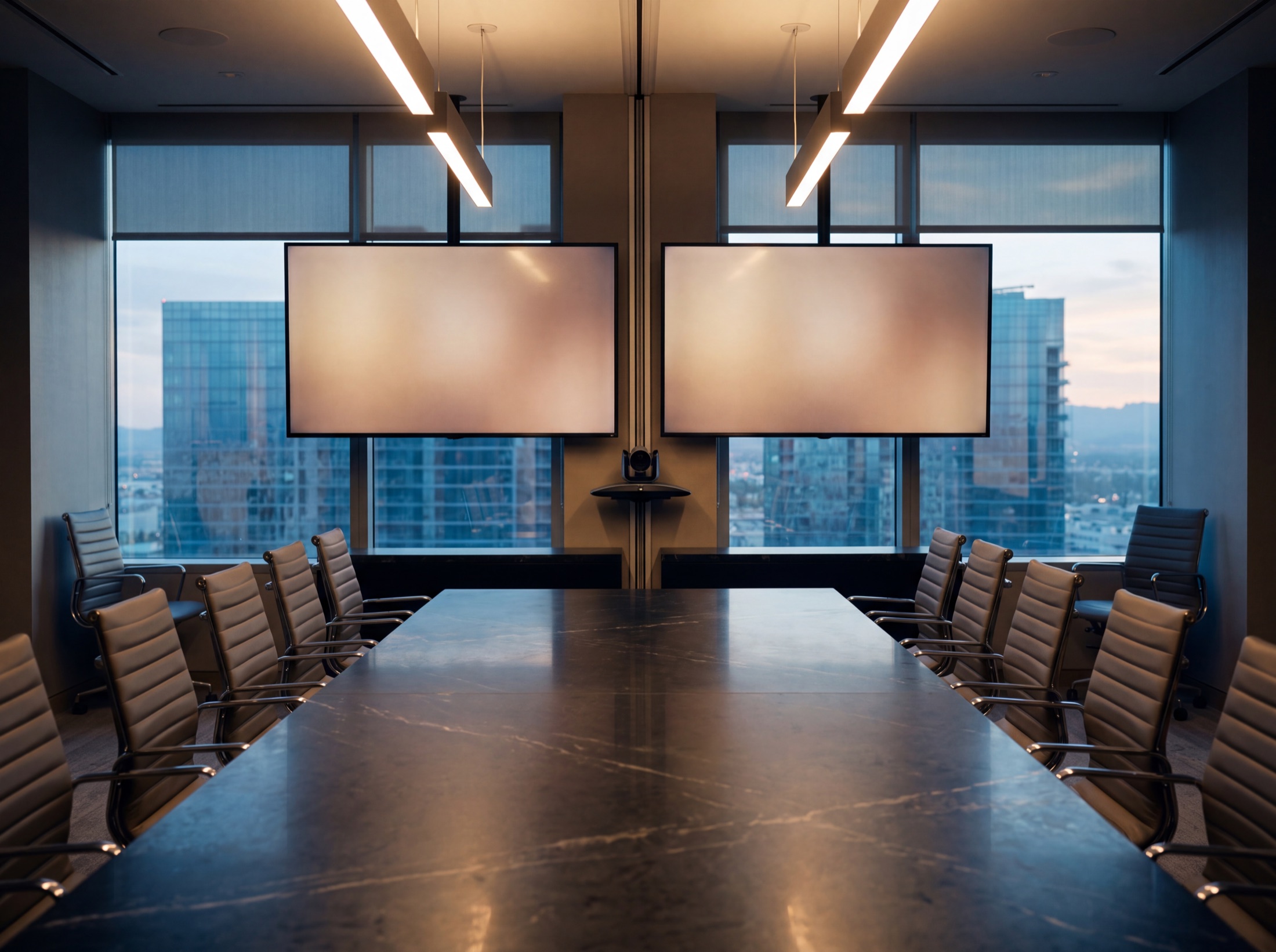 Visualization of the boardroom in its ready state at dusk, displays awake, skyline beyond