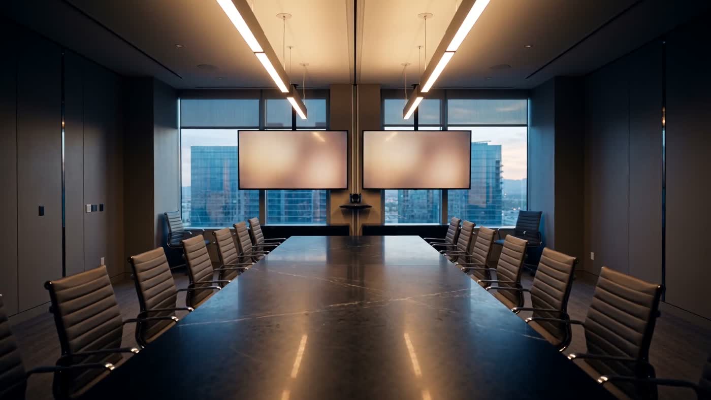 Visualization of the boardroom in its evening state, twin displays lit, the city beyond the glass