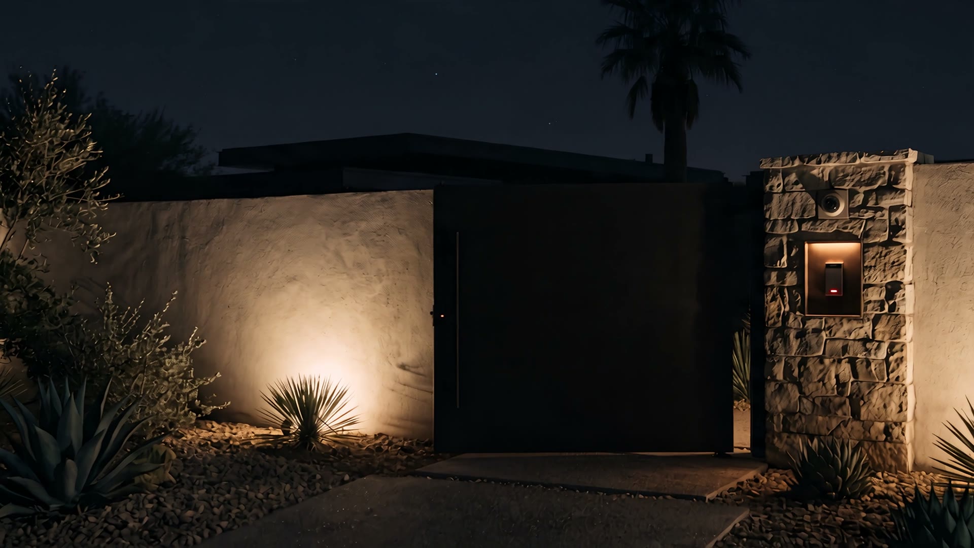 A desert house entrance at night, gate lit, palm above
