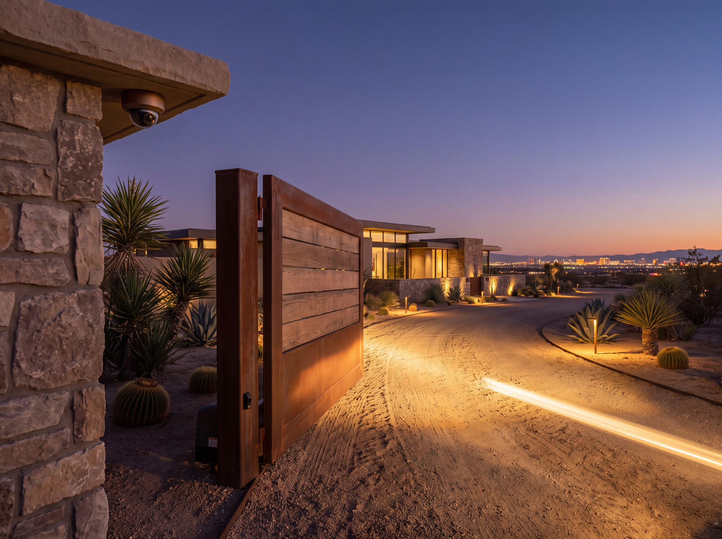 A gated drive at dusk: camera on the stone pier, path lights tracing the curve to the house, the valley lit beyond