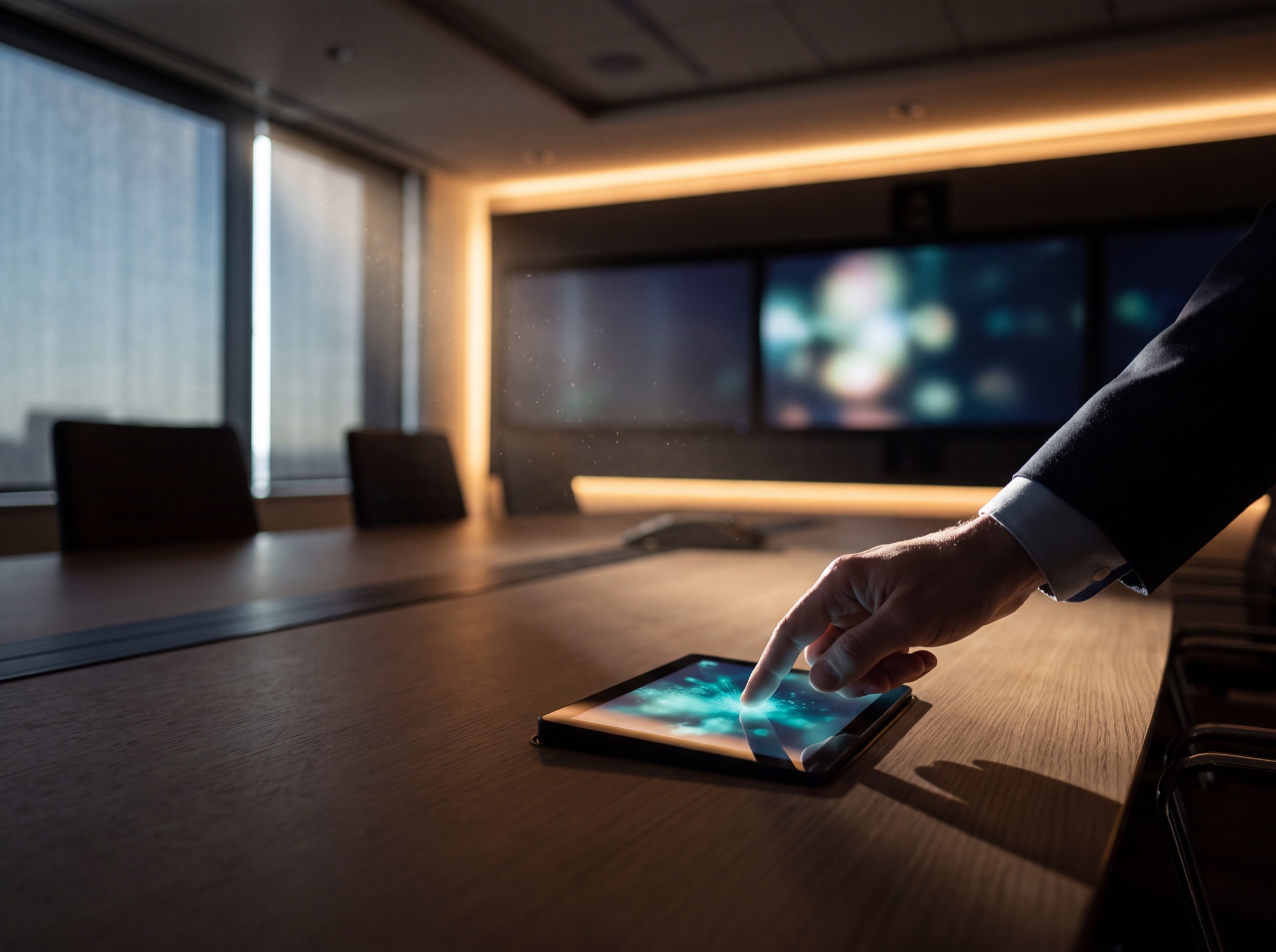 A hand mid-tap on the table touch panel as the room wakes around it, displays rising out of standby