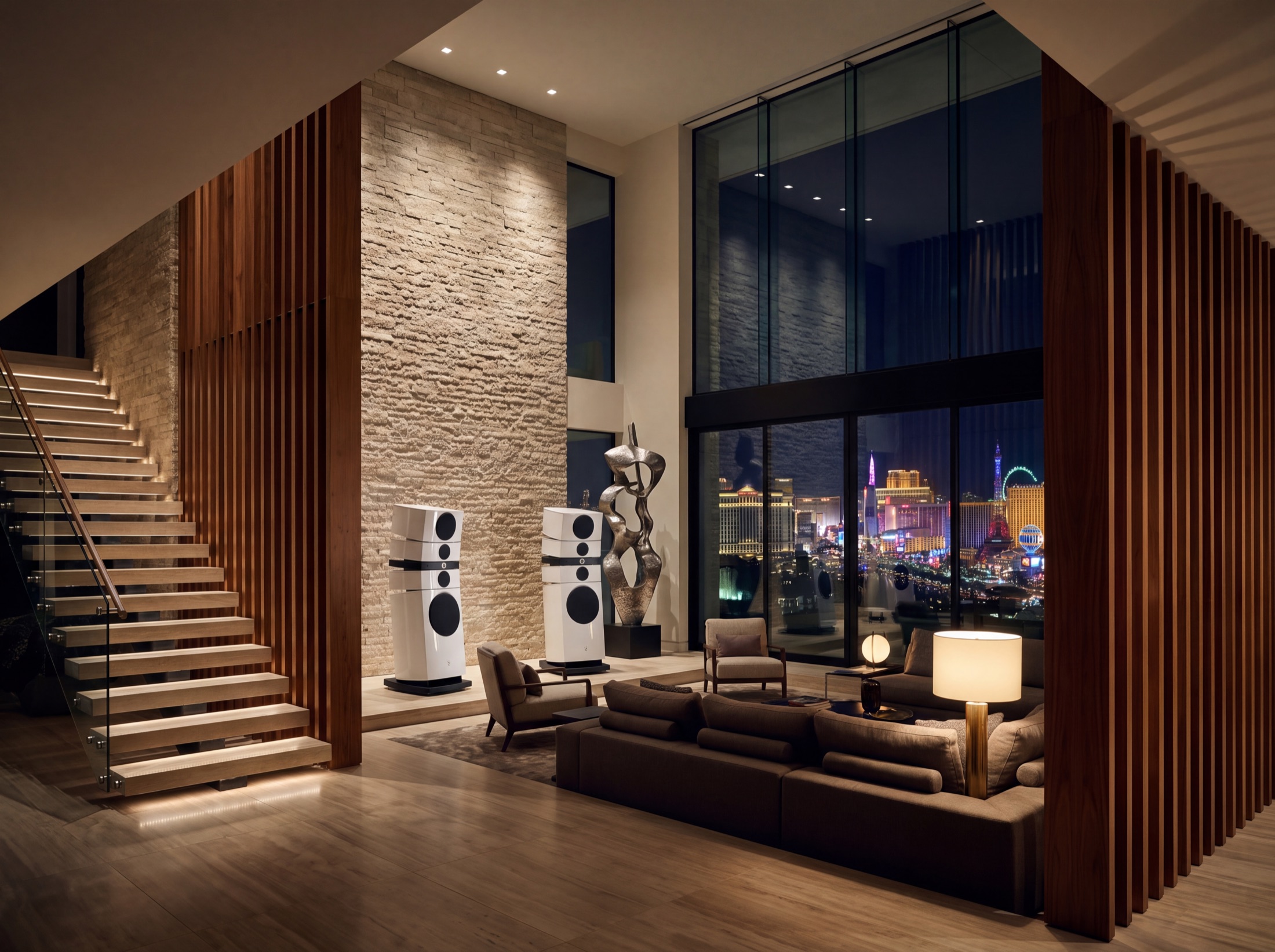 A double-height desert-modern living volume at dusk, statement loudspeakers on the stone wall, the Las Vegas valley beyond